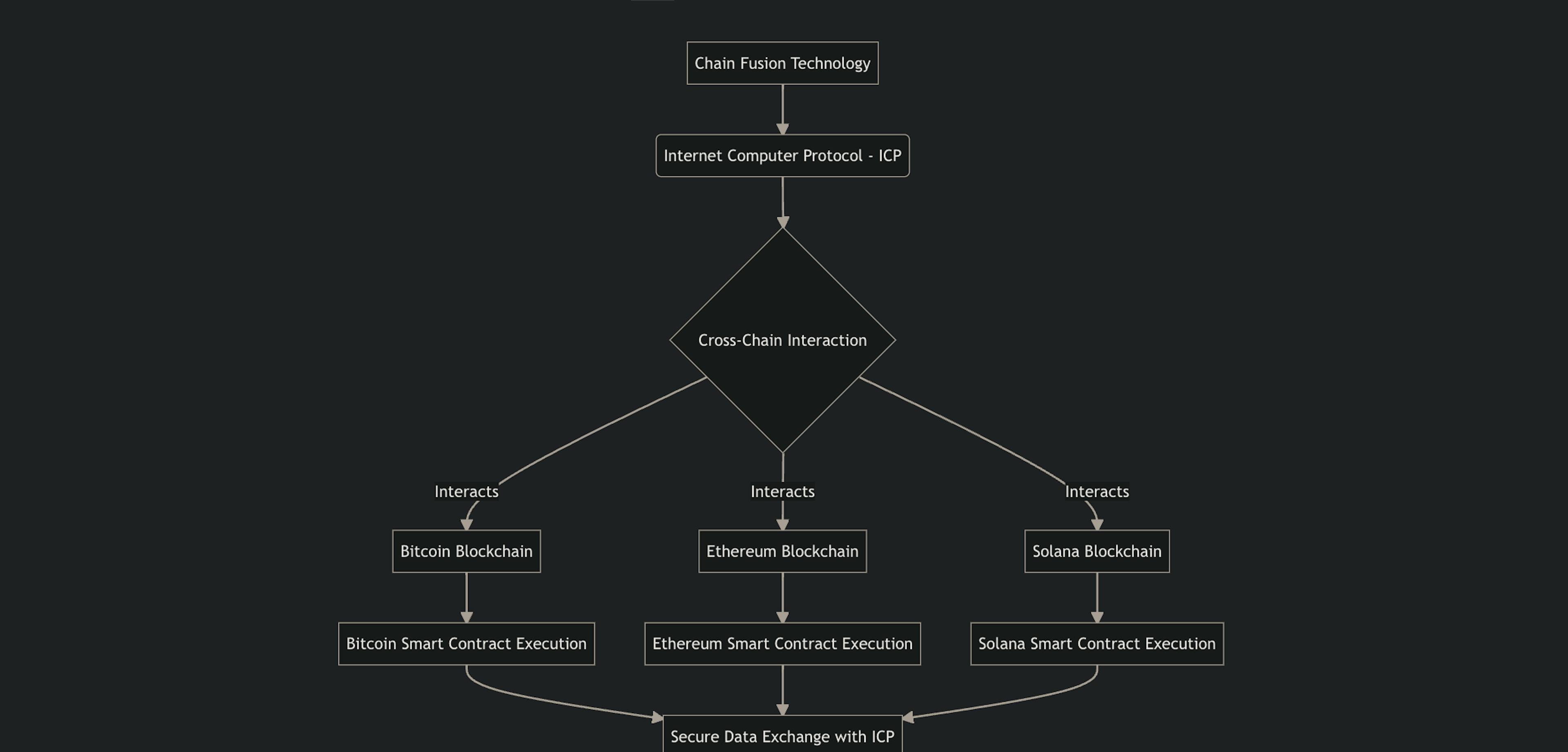 Flowchart depicting interactions facilitated by the Internet Computer Protocol (ICP). 