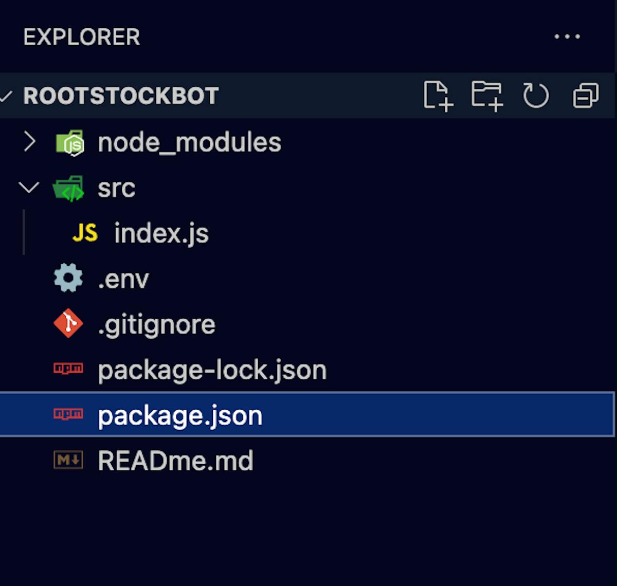 A file directory of a JavaScript project is displayed in a code editor. The project is named "ROOTSTOCKBOT" and includes directories such as "node_modules" and "src", and files including "index.js," ".env," ".gitignore," "package-lock.json," "package.json," and "README.md". 