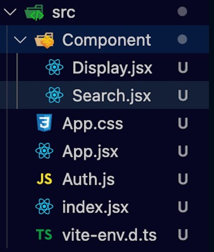 The component folder contains Display.jsx and Search.jsx files.