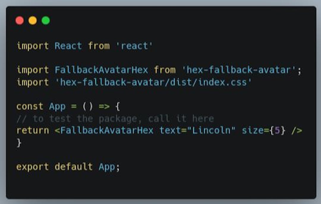 Testing the FallbackAvatarHex component in the App.js file of the example app