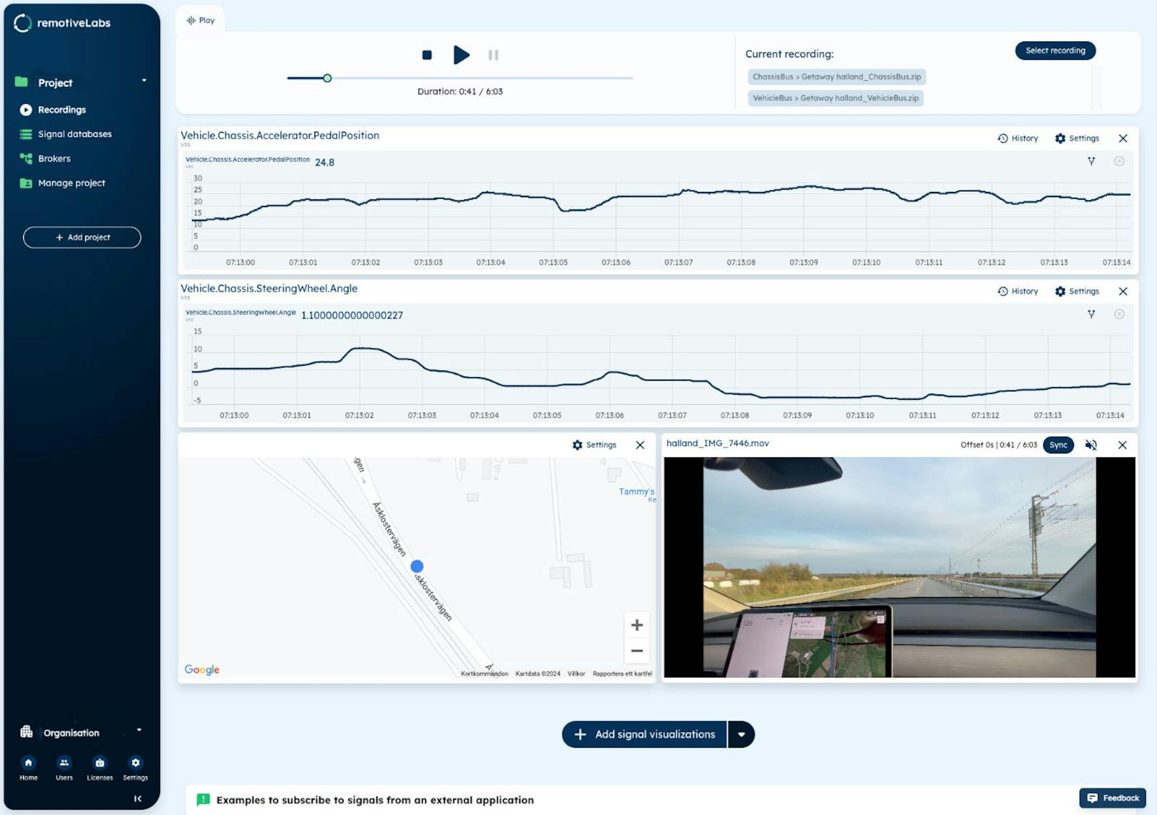 Recorded and live vehicle signals in preferred format (OEM proprietary, VSS, Android) can bestreamed from RemotiveCloud into Profilence QA suite to further strengthen a holistic understanding