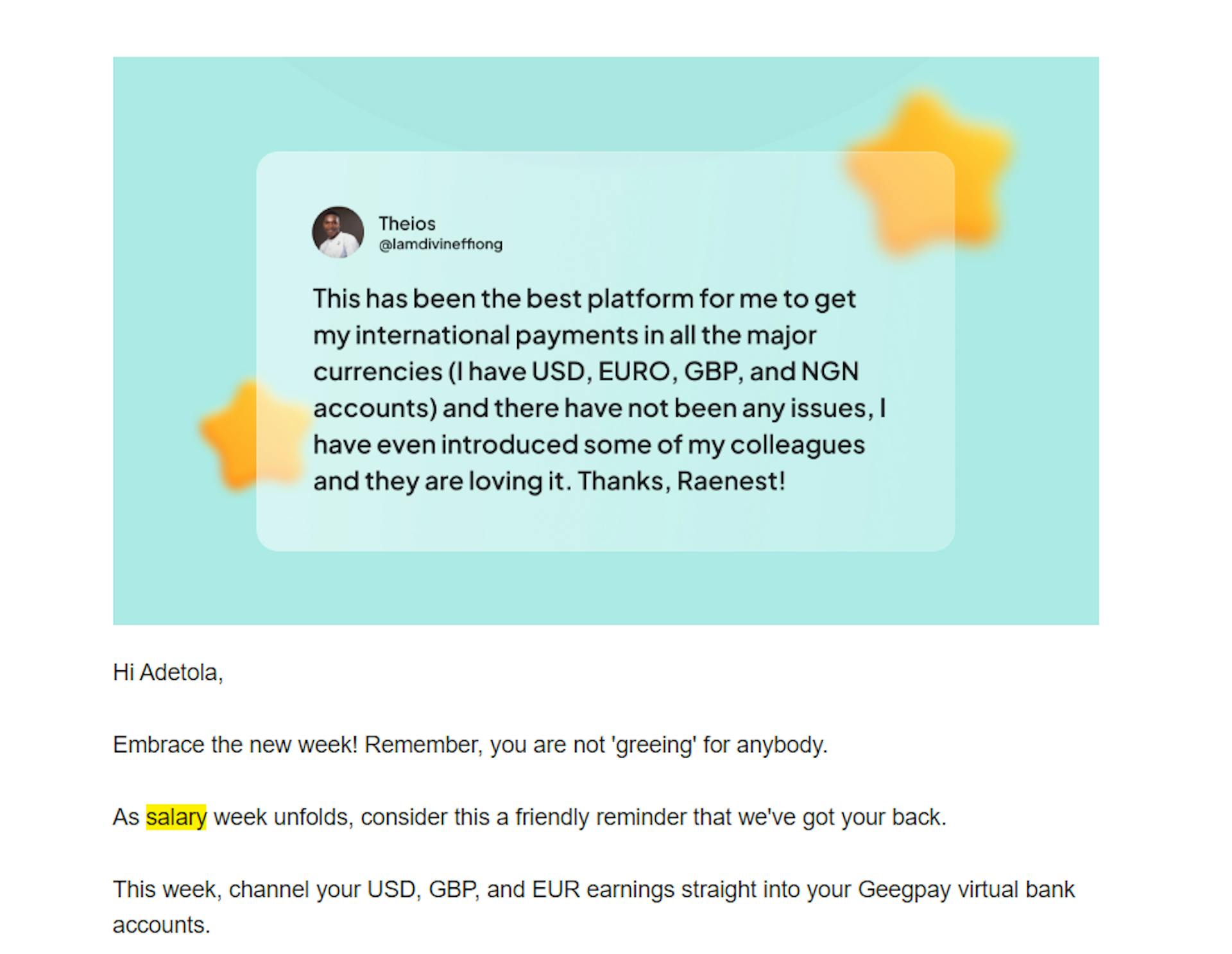A public review from a Geegpay user shared by the company in an email newsletter. 