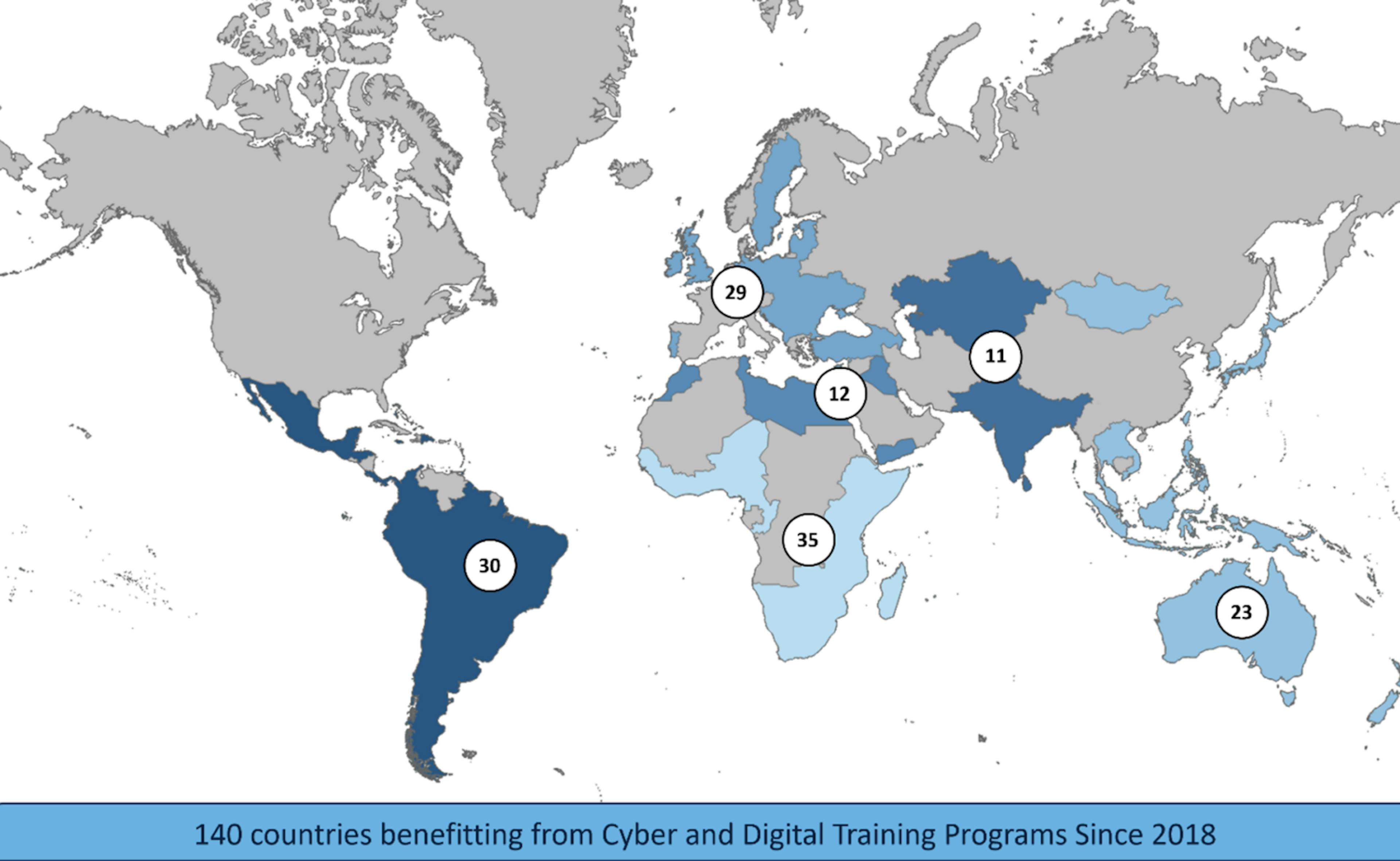Figure 7. A global map of the Digital Connectivity & Cybersecurity Partnership countries benefitting from Cyber & Digital Training (2018-2024). (U.S. Department of State, CDP)