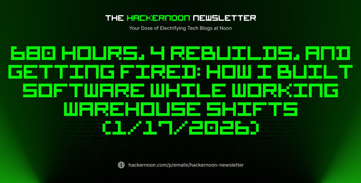featured image - The HackerNoon Newsletter: 680 Hours, 4 Rebuilds, and Getting Fired: How I Built Software While Working Warehouse Shifts (1/17/2026)