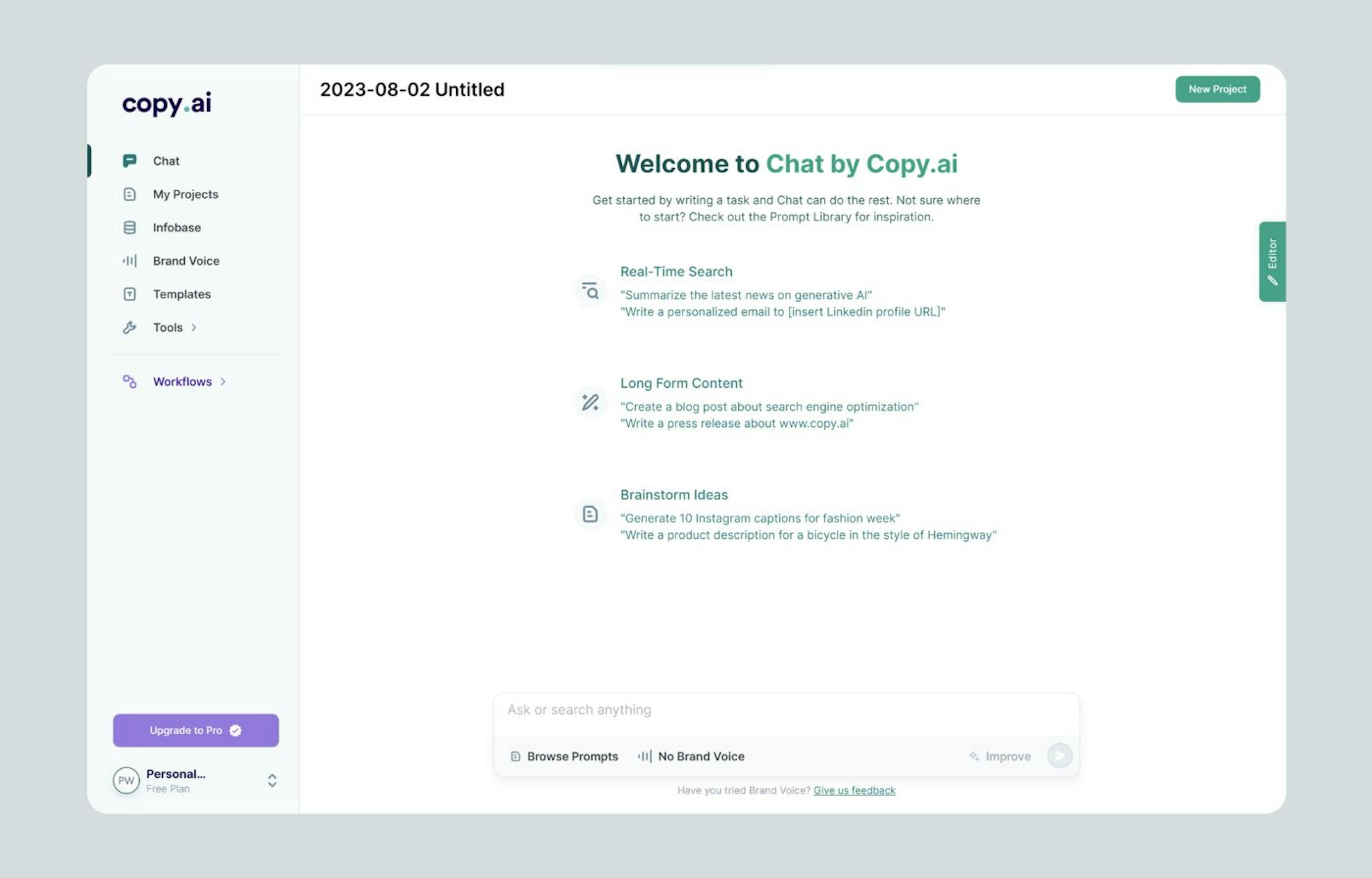 Copy.ai looks like a chatbot, but its primary function is narrowed down to help you write marketing copy