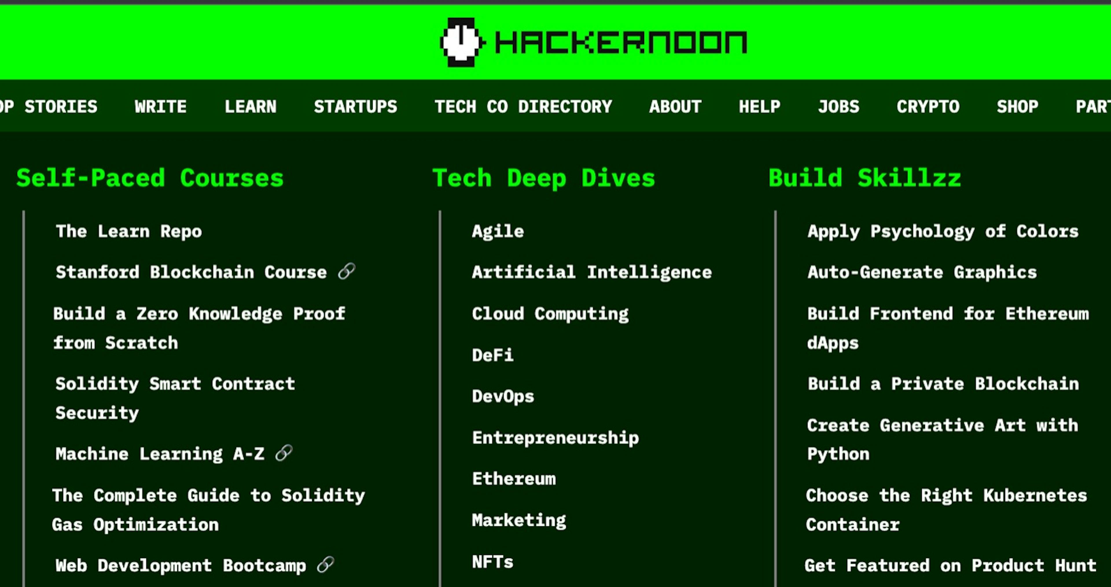 HackerNoon Top Green Nav'daki Öğrenim sekmesine göz atın