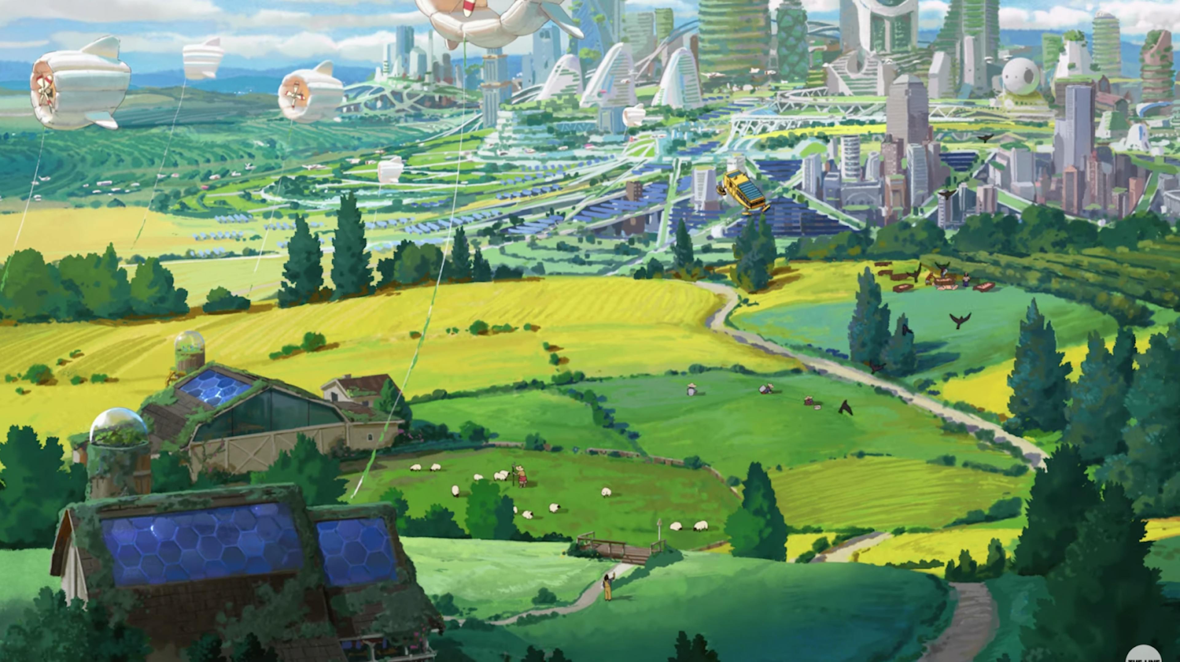 Une image tirée de la publicité pour l'anime Chobani Dear Alice de The Line; mettant en vedette un avenir solarpunk et une partition d'un compositeur Ghibli. Disponible sur https://www.youtube.com/watch?v=z-Ng5ZvrDm4.
