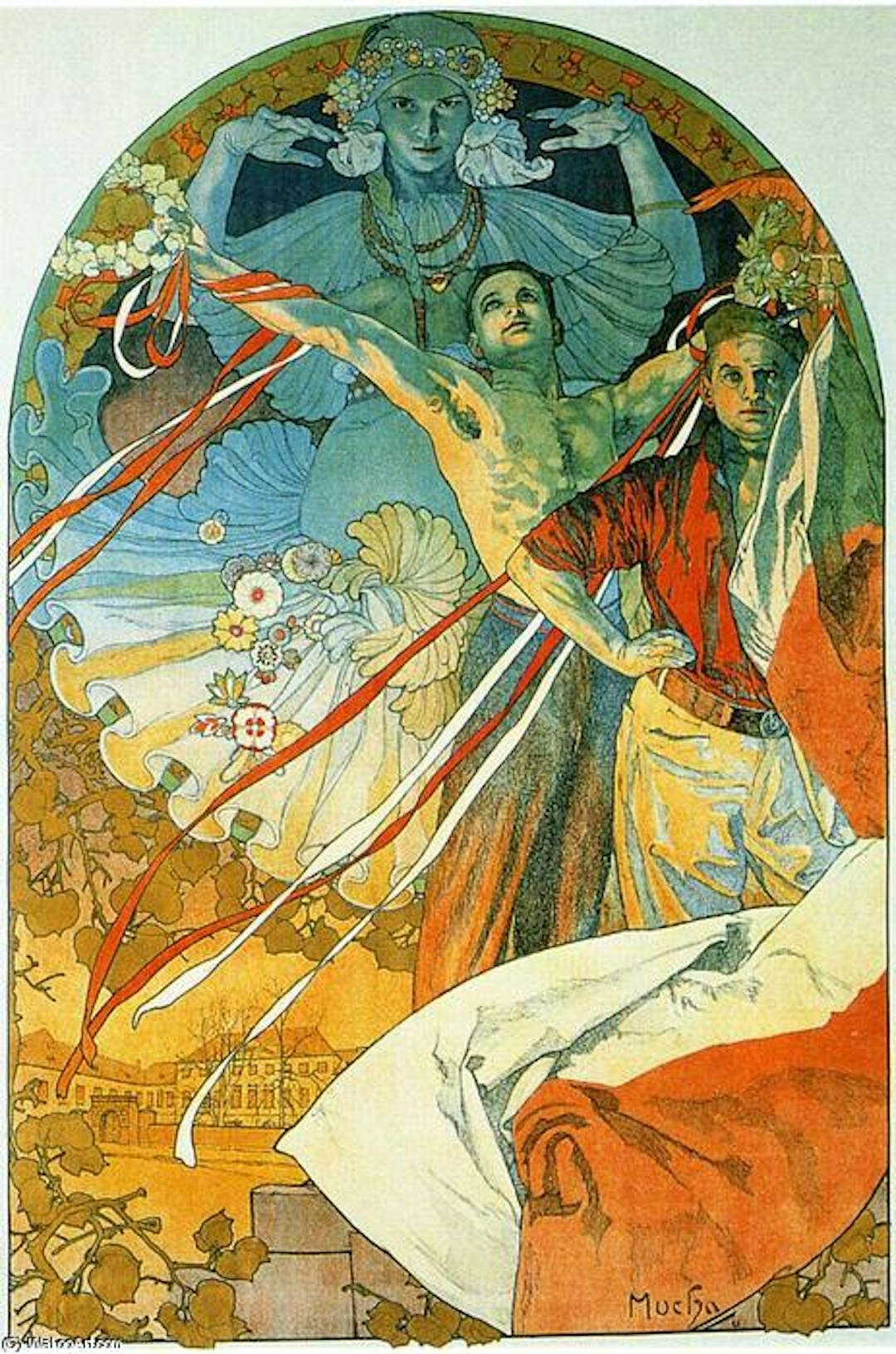 Cartaz para o 8º Festival Sokol de Alfons Mucha, um dos principais criadores do movimento Art Nouveau. Disponível em https://wikioo.org/.