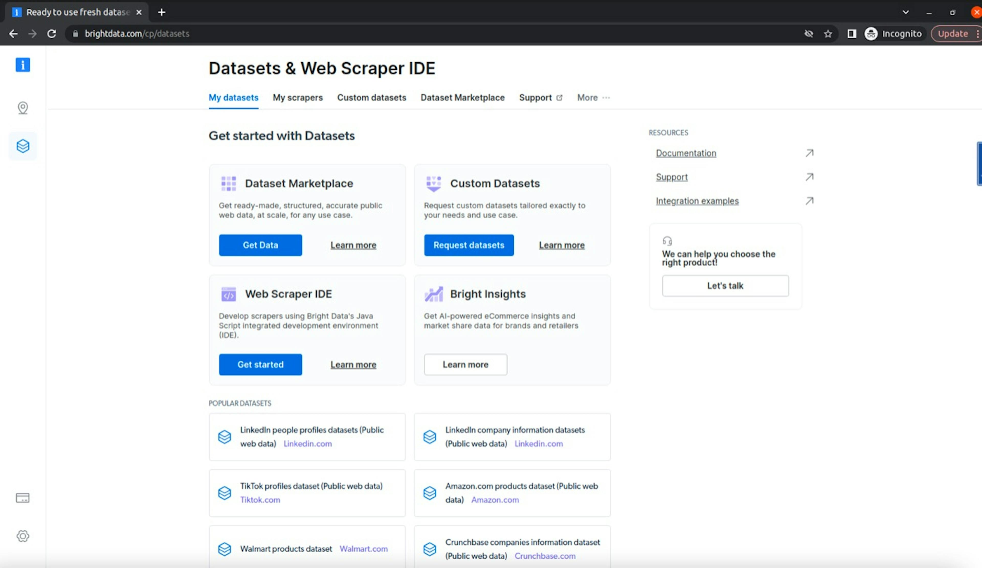 BrightData'da Veri Kümeleri ve WebScraper IDE Menüsü