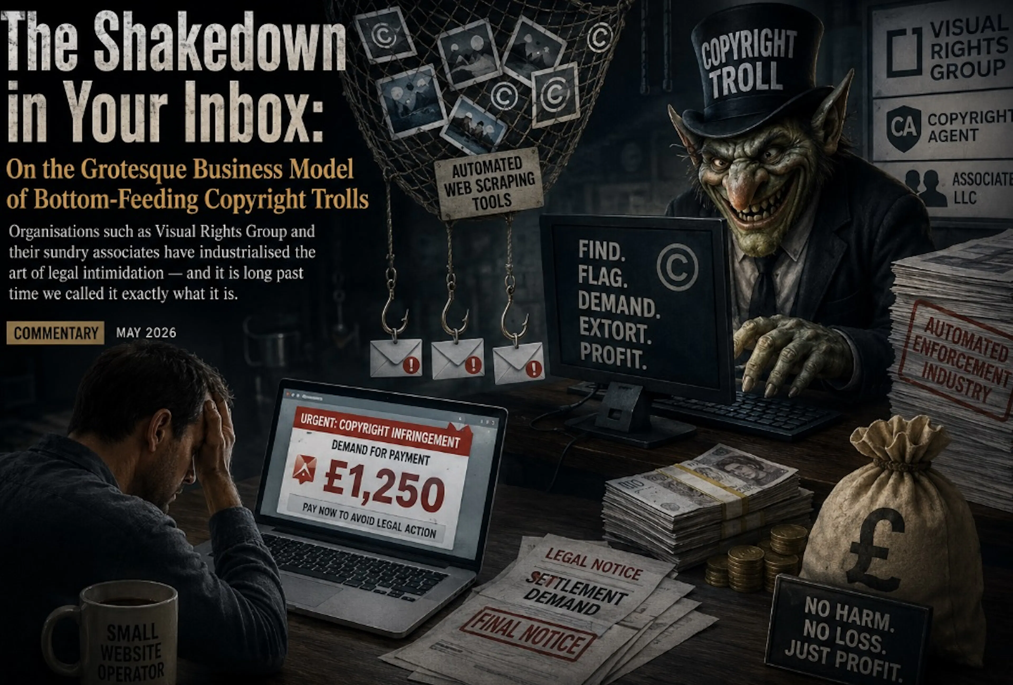 featured image - Cease, Desist, and Pay Up: How Copyright Trolls Turned Legal Threats Into a Business Model