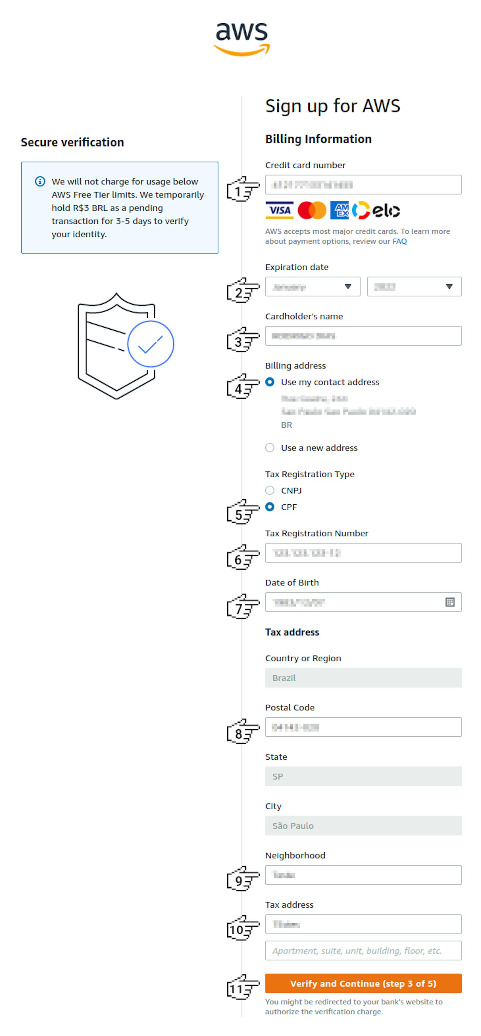 Amazon Cognito - Sign up for AWS (step 2 of 5)