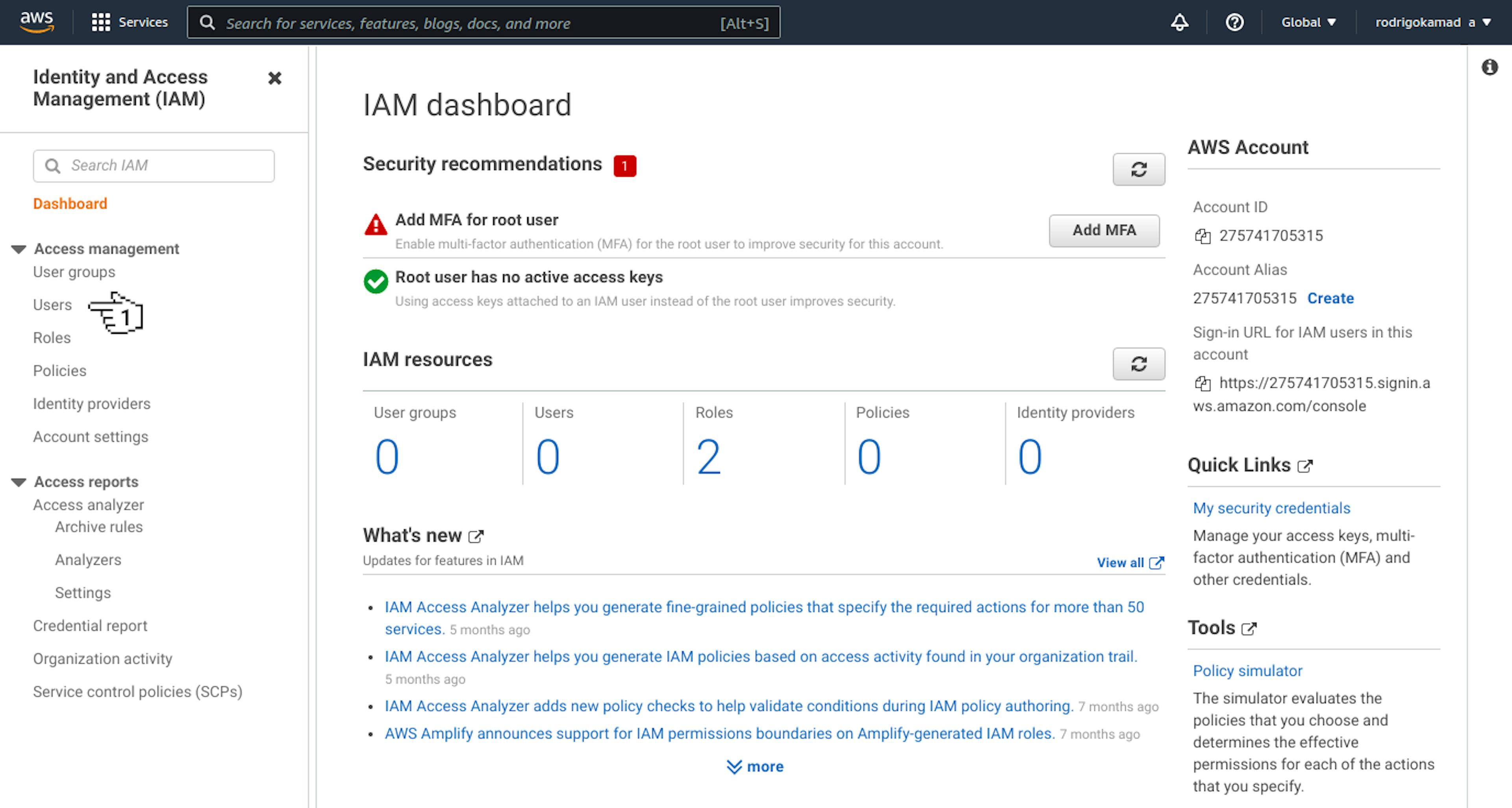 Amazon S3 - IAM dashboard