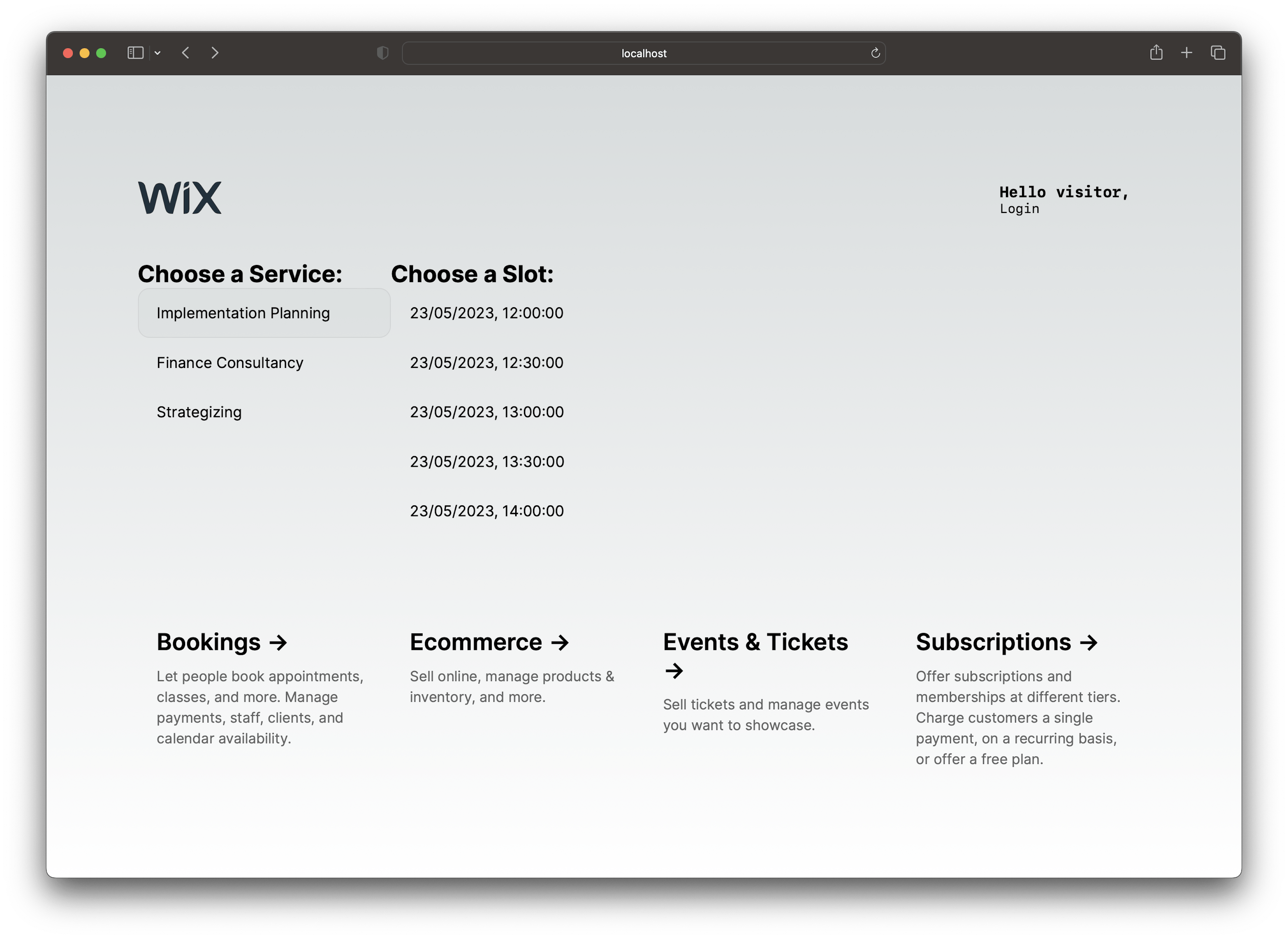 An example of the Wix booking headless API