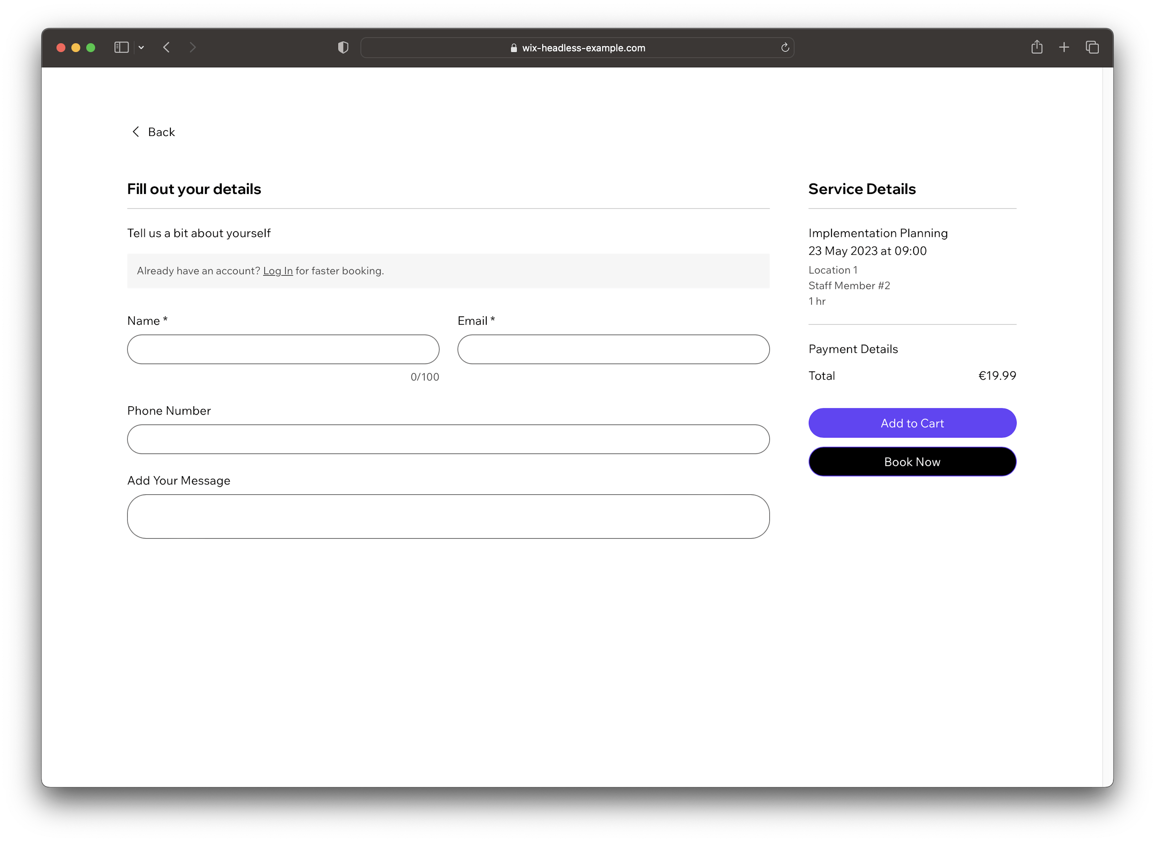 An example of the Wix booking headless API purchase page