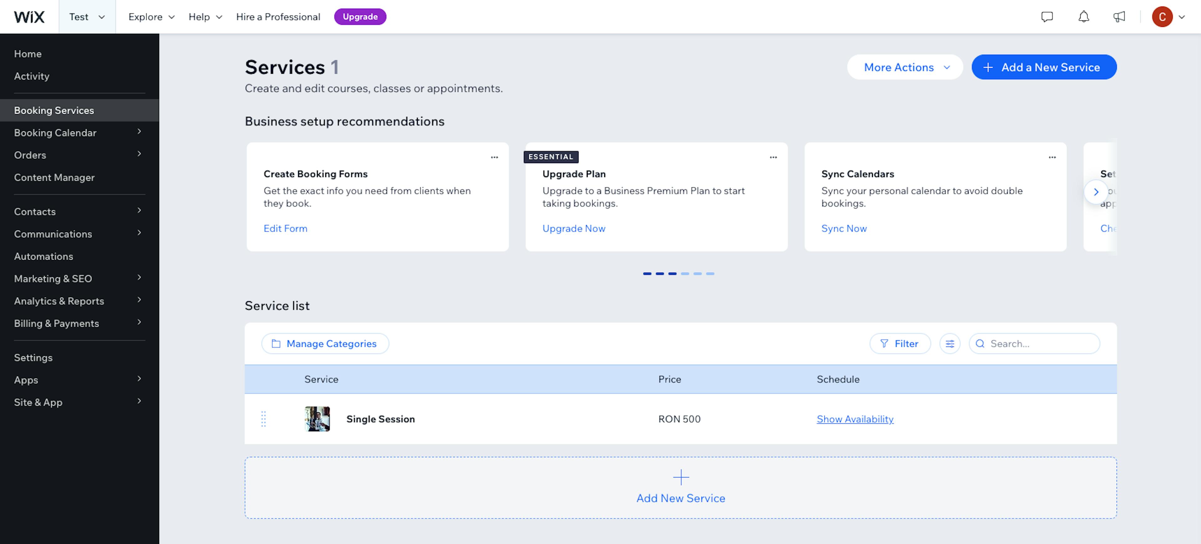 Wix dashboard