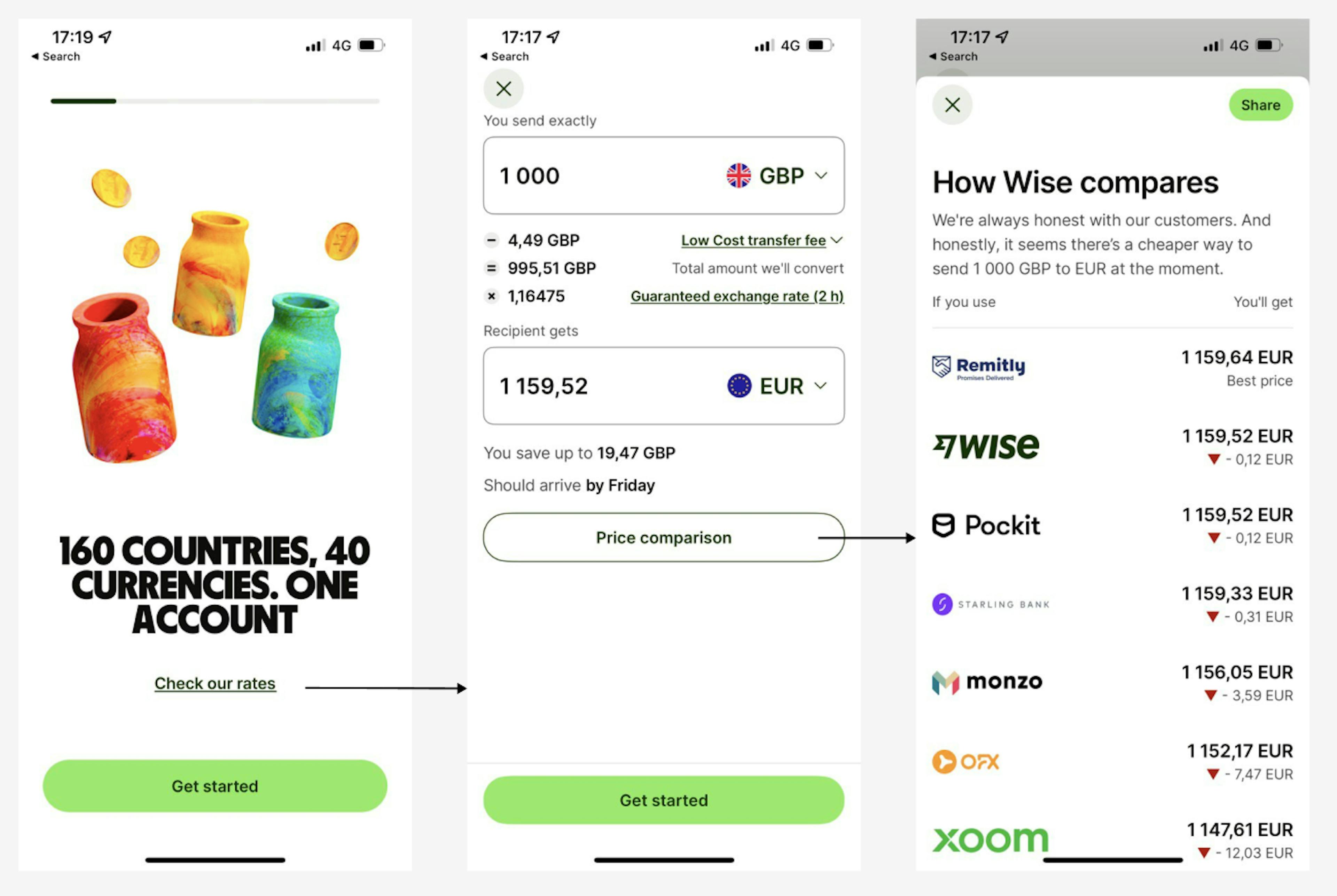 Initial screens of the Wise app 