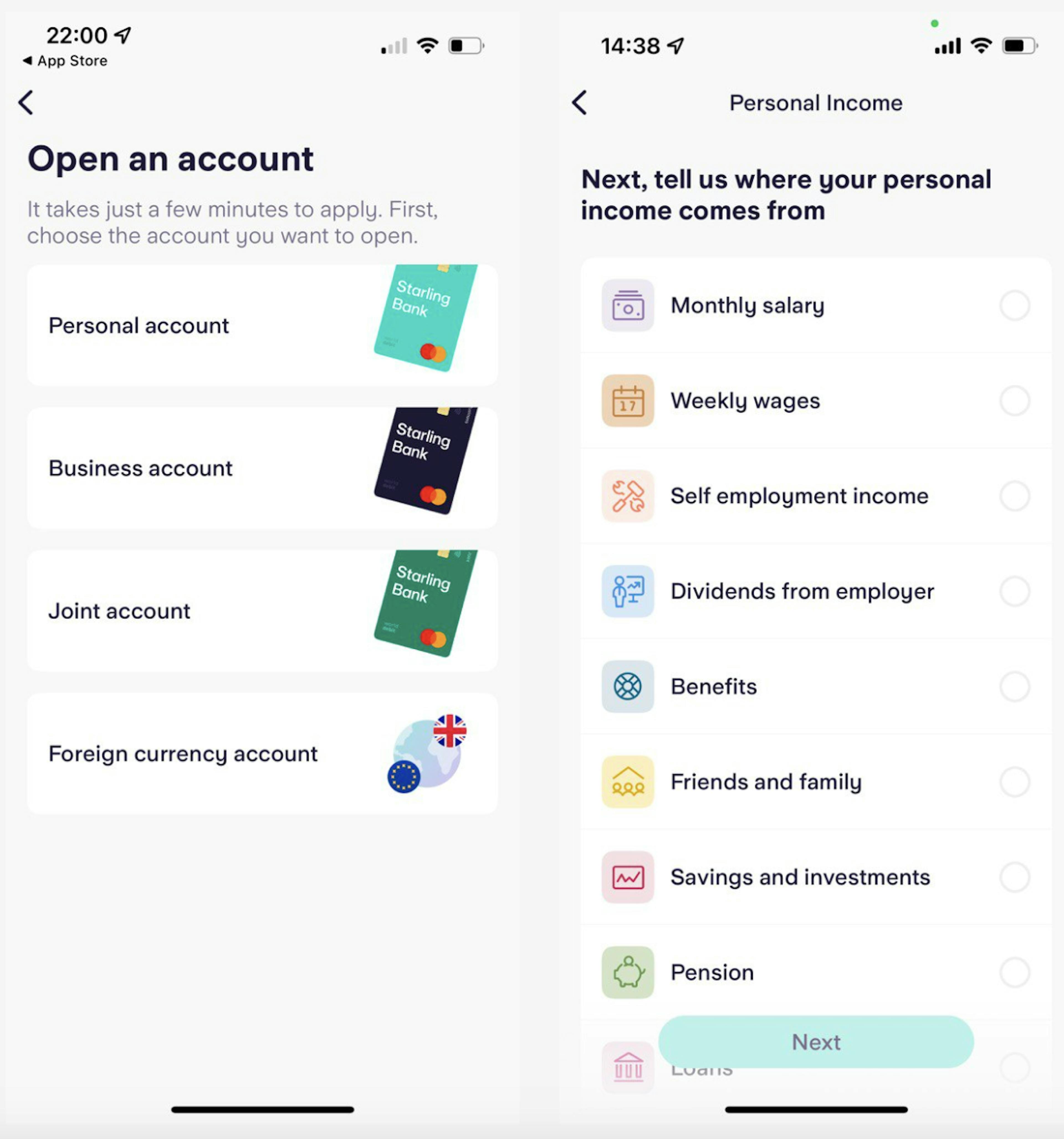 Starling Bank makes use of colored icons in every list in their app  