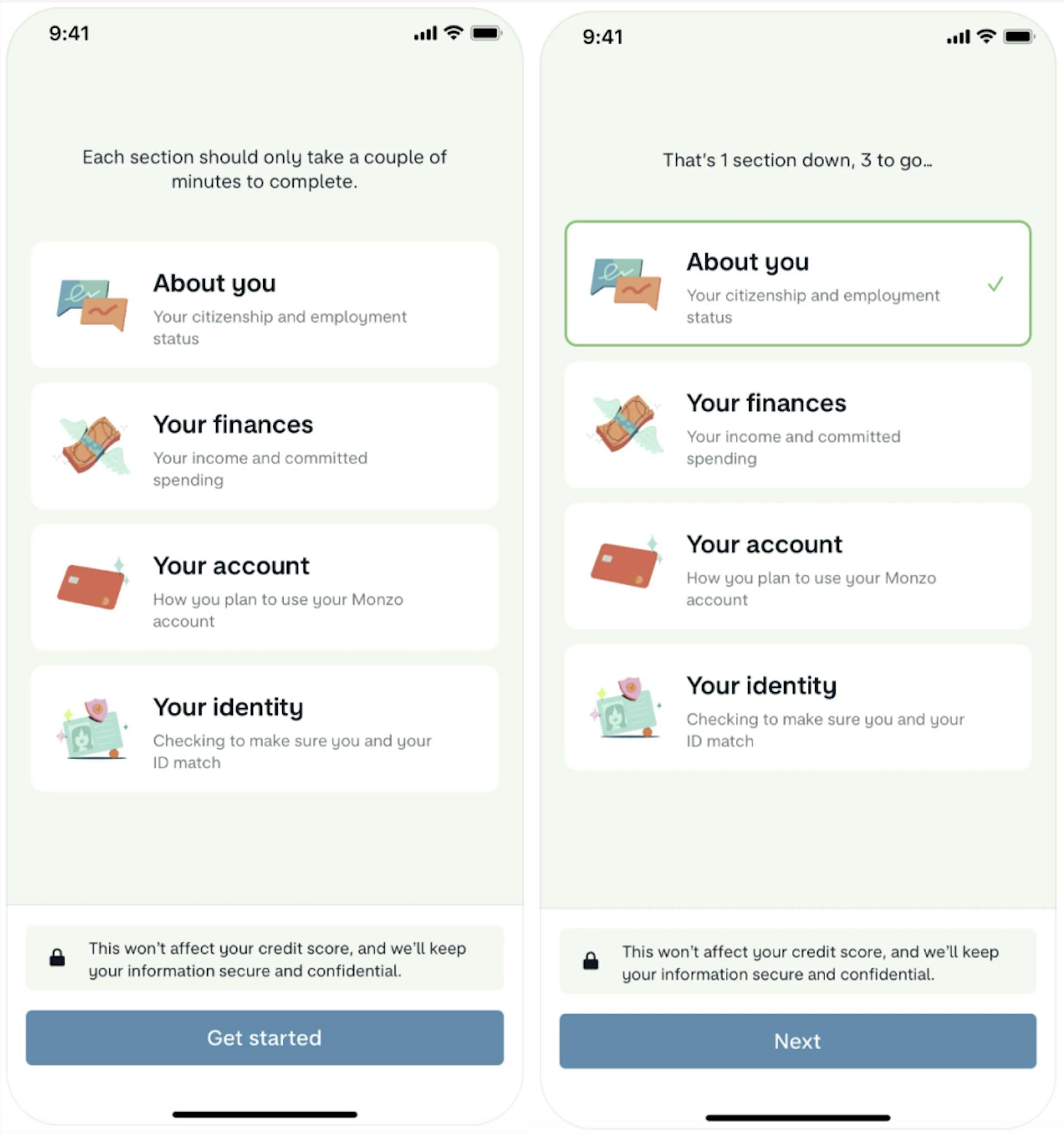 Monzo KYC flow divided 