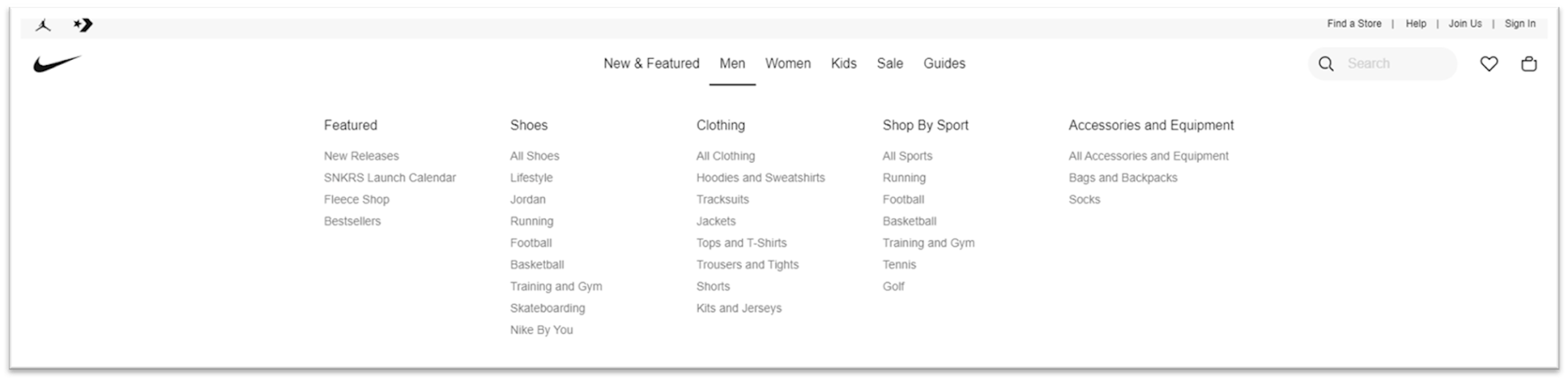 Nike.com product category structure in PLP