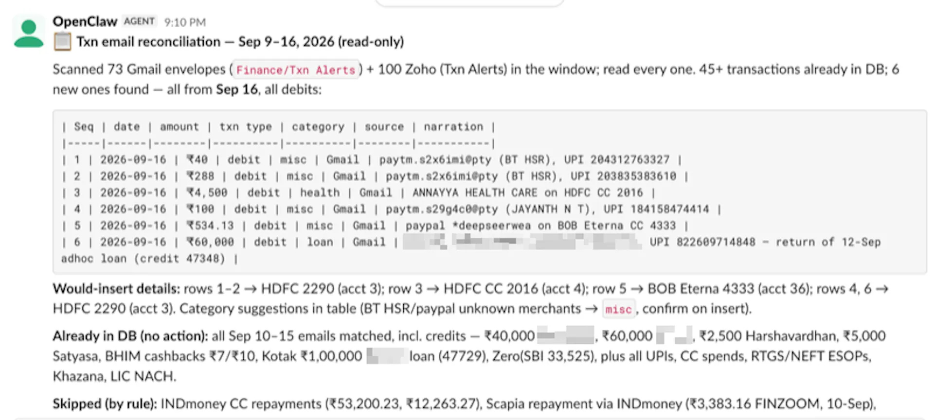 OpenClaw personal finance automation showing transaction email parsing