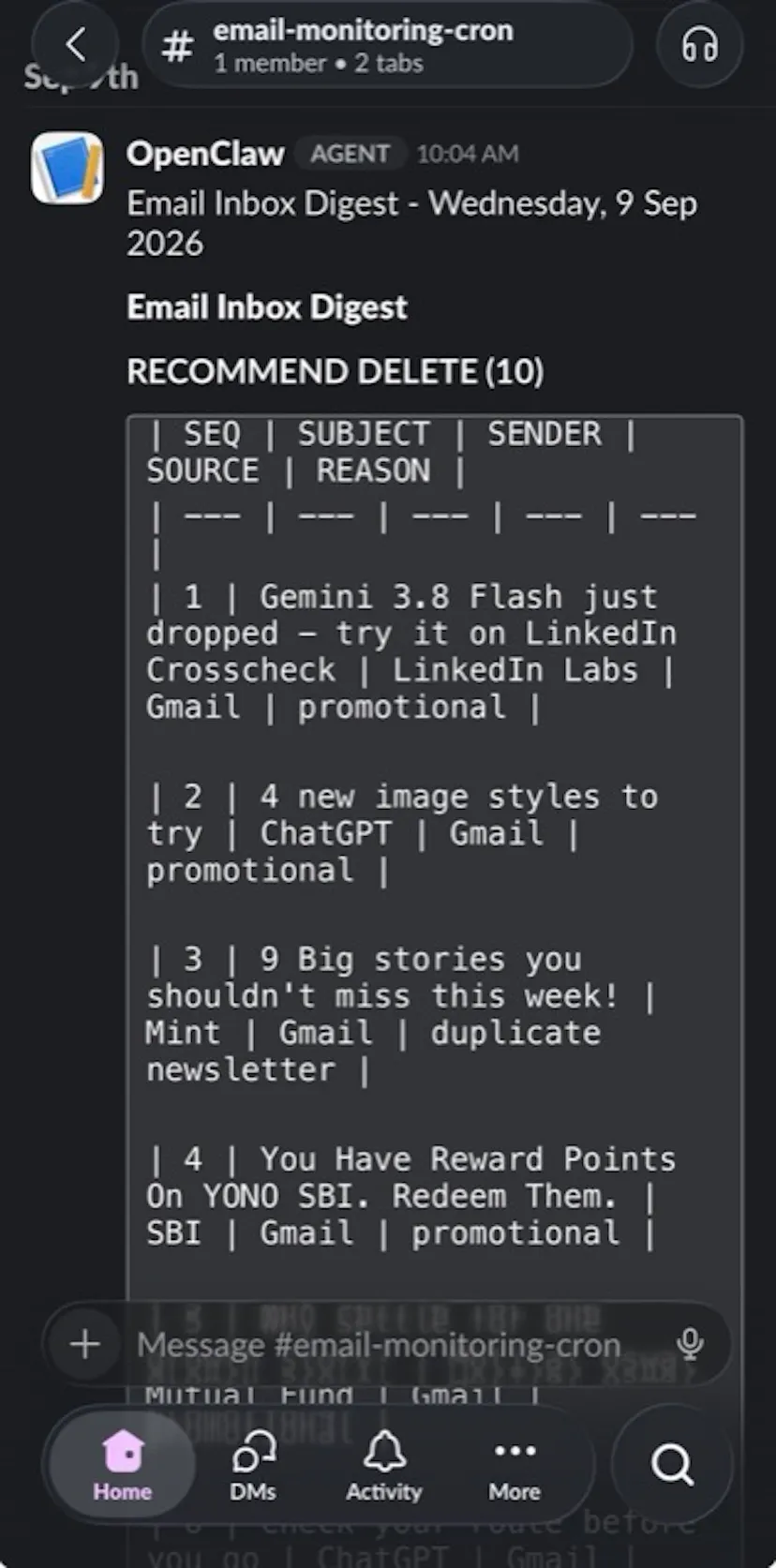 OpenClaw email monitoring cron example showing inbox parsing and filtering