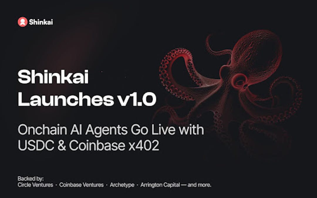 featured image - Shinkai Launches v1.0: Onchain AI Agents Go Live With USDC And Coinbase x402