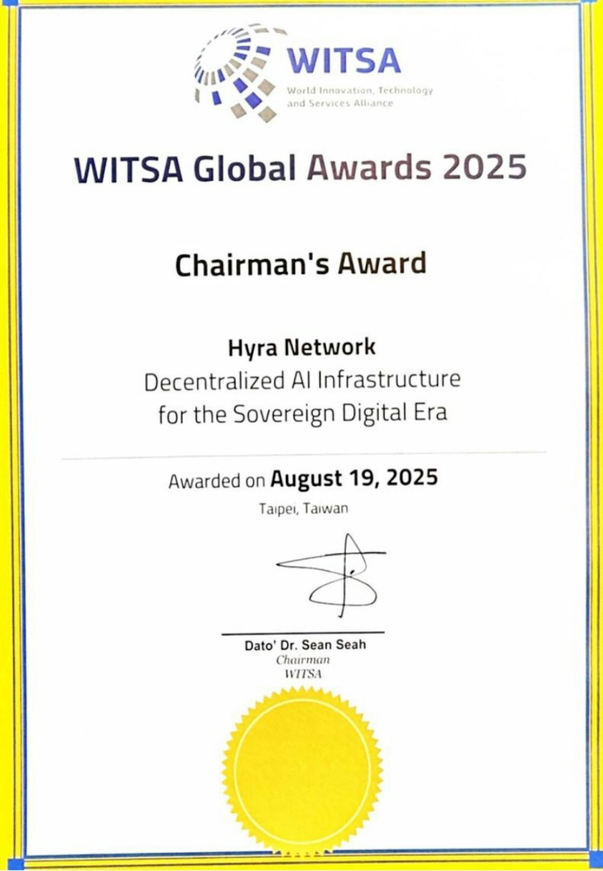 featured image - Hyra Network په WITSA Global AI Summit کې د prestigious Chairman's Award 2025 ترلاسه کړ