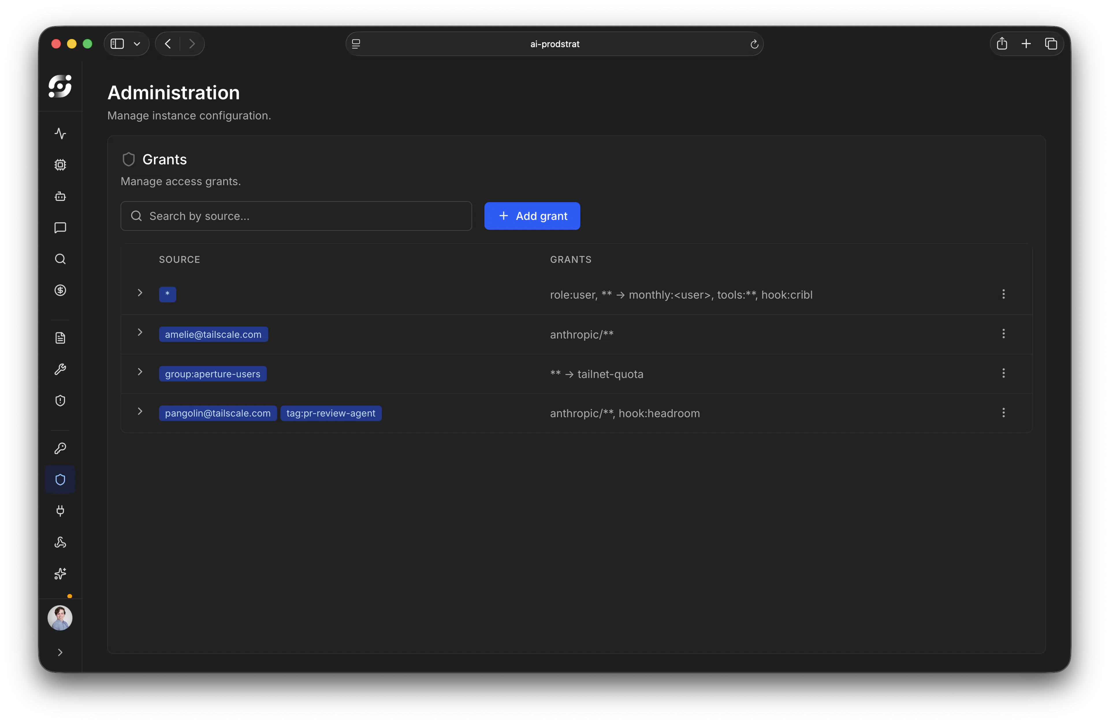 Administration panel showing Grants management interface with a search bar and Add grant button. A table displays four access grant entries with sources (including an email address, group, and tagged user) and their corresponding grant permissions for various roles and tools.
