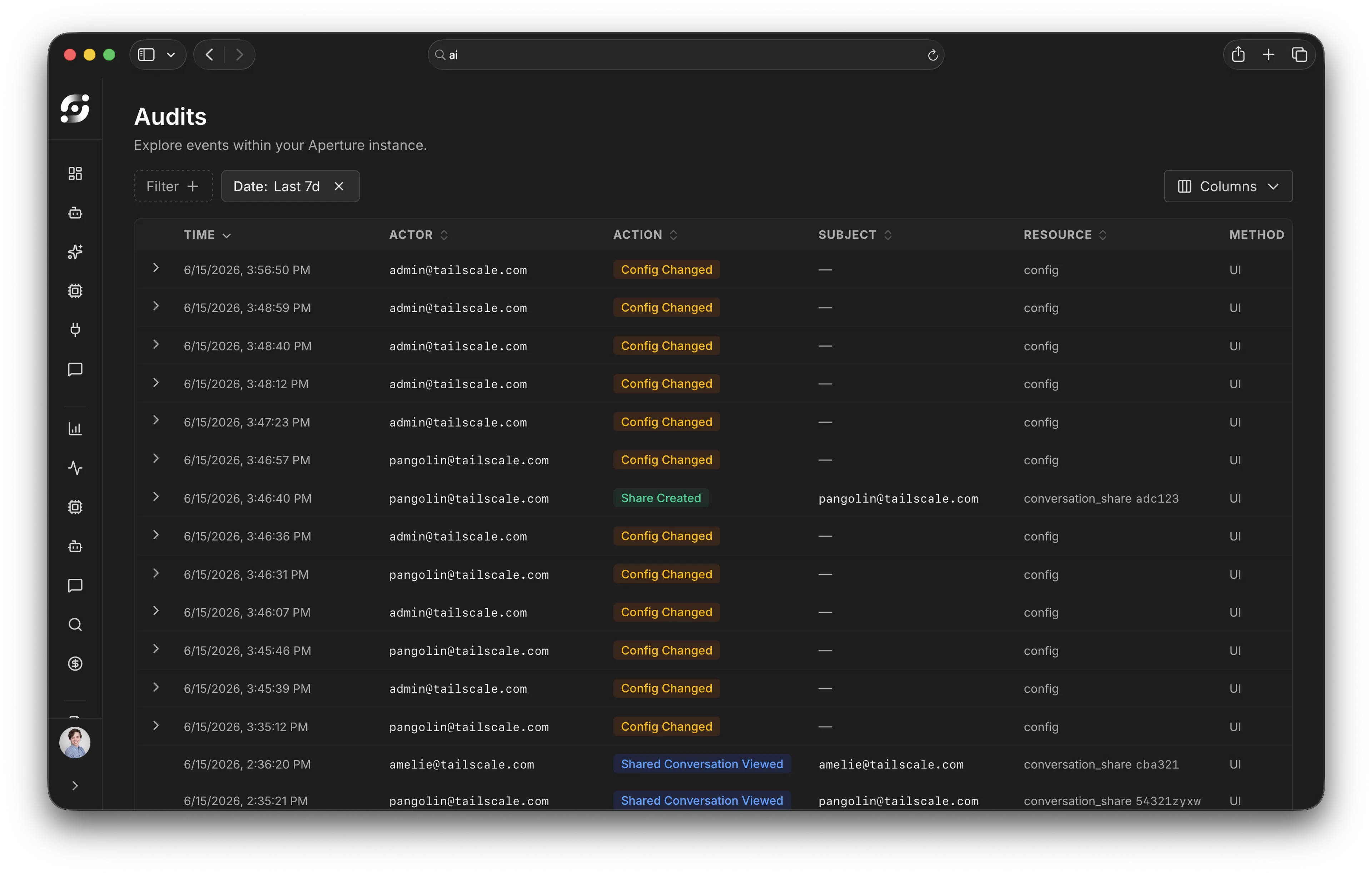 Aperture audit logs display showing system events and configuration changes within an Aperture instance, with timestamps, actor information, actions performed, and resource details for security monitoring and compliance tracking.