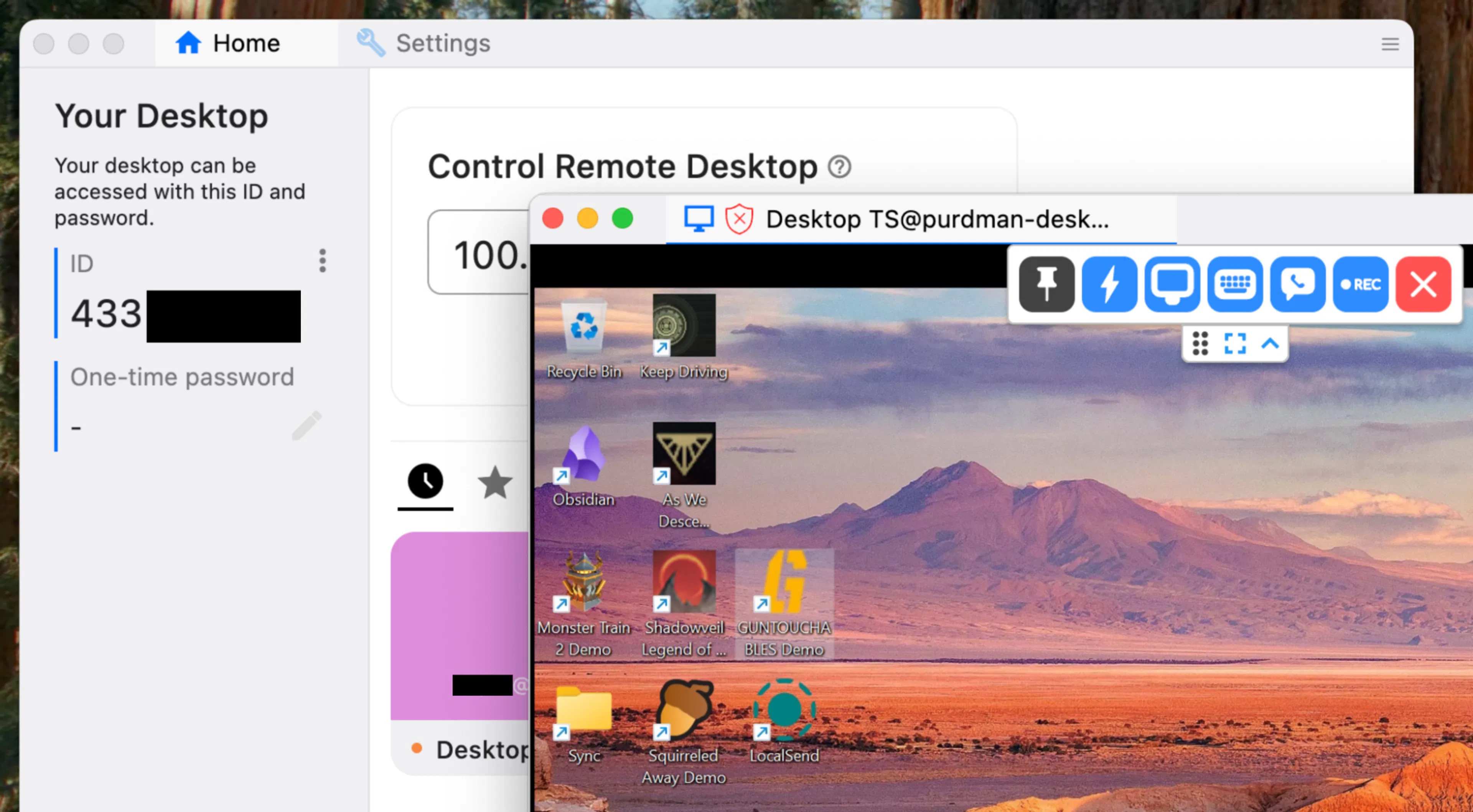 Screenshot of RustDesk, open on a Mac, controlling a Windows desktop within a nested window.