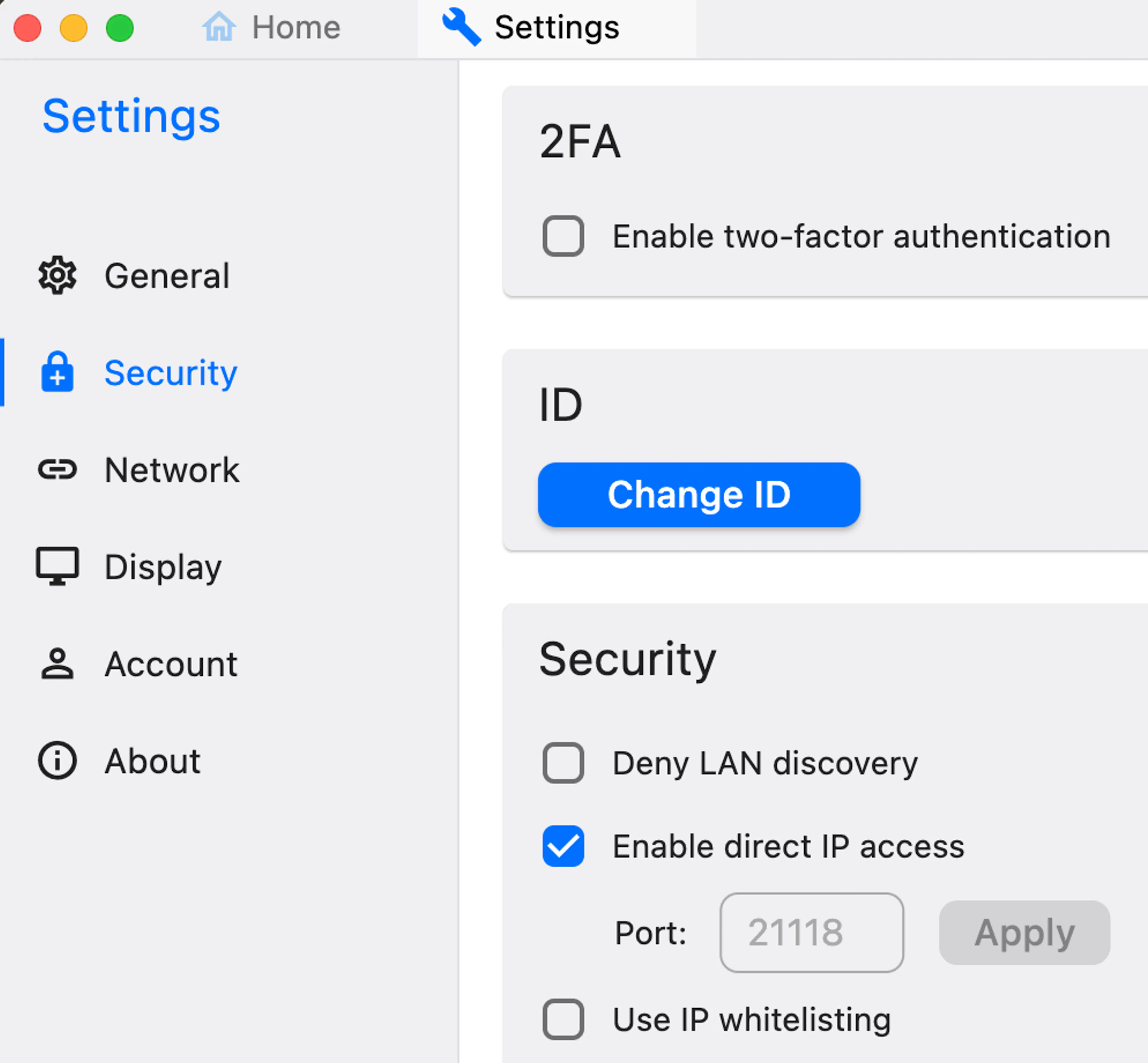 Settings screen inside RustDesk, with "Enalbe direct IP access" box ticked and enabled.