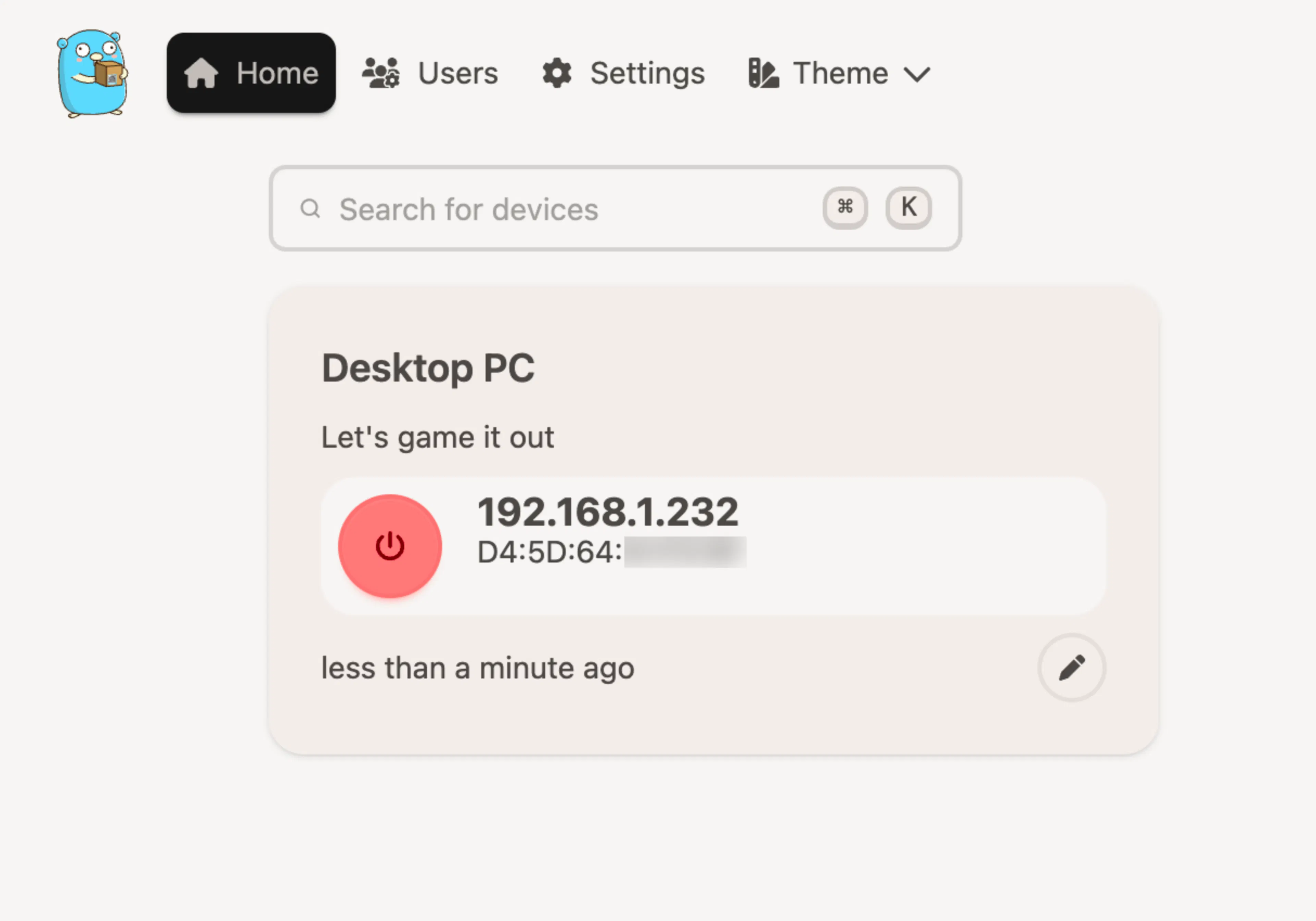 Screenshot of UpSnap web console, with a large block representing a "Desktop PC," with a descriptin of "Let's game it out." 