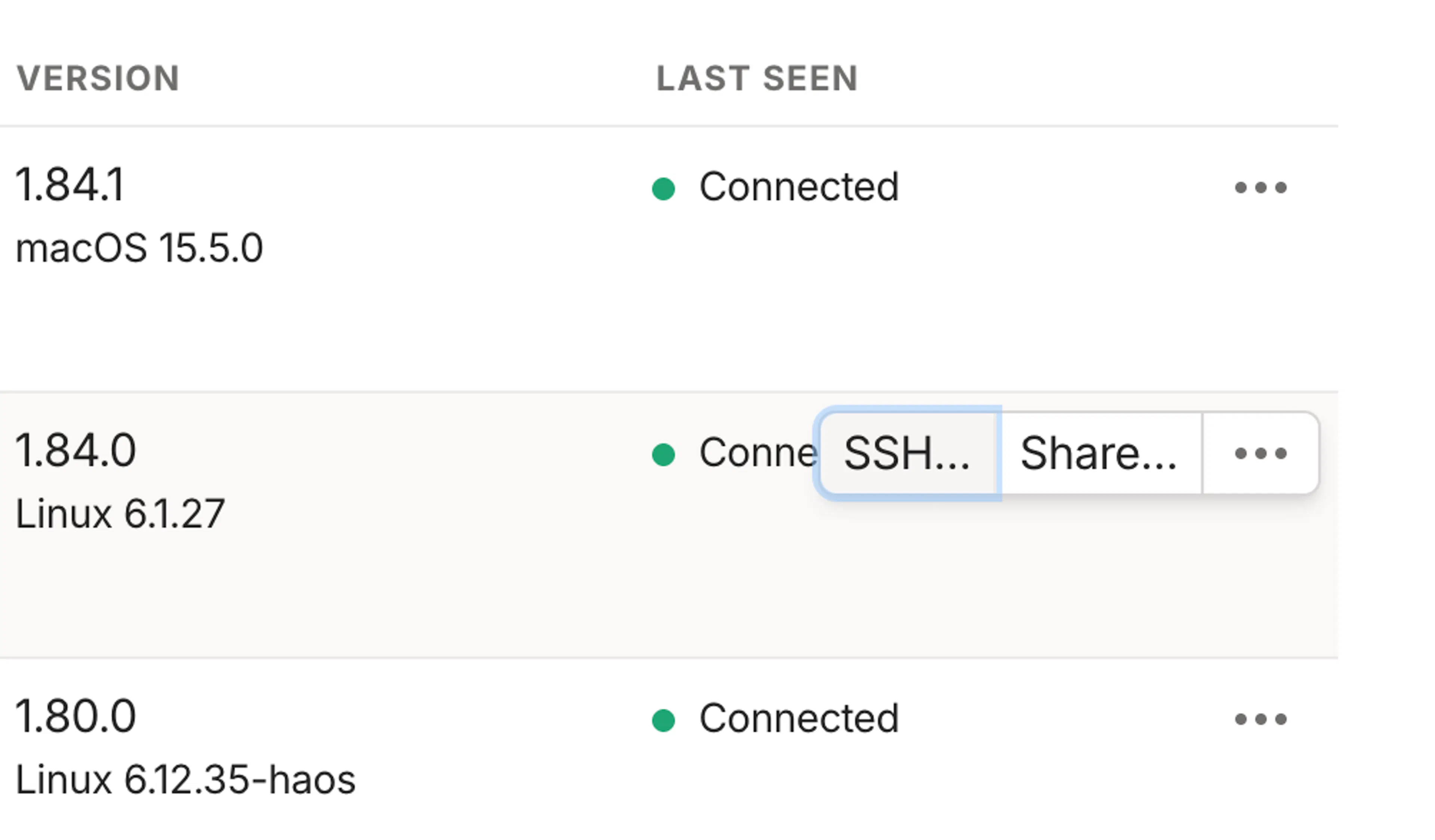 Close-up screenshot showing the "SSH" button appearing when hovering over a device.