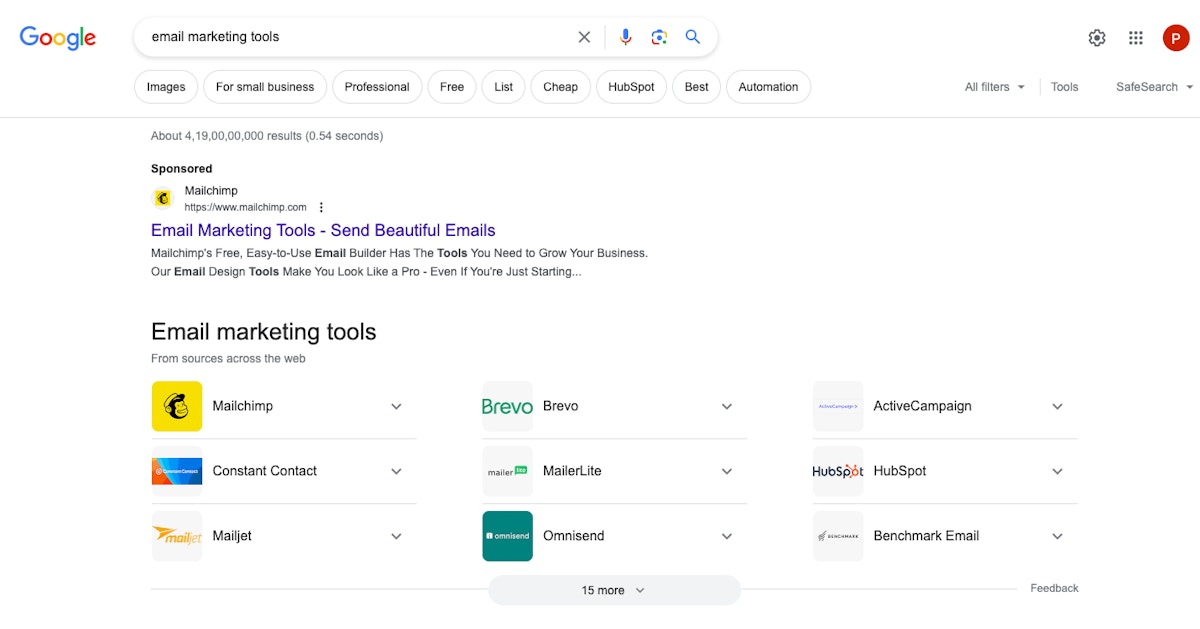 Google results for the keyword "best email marketing tool."