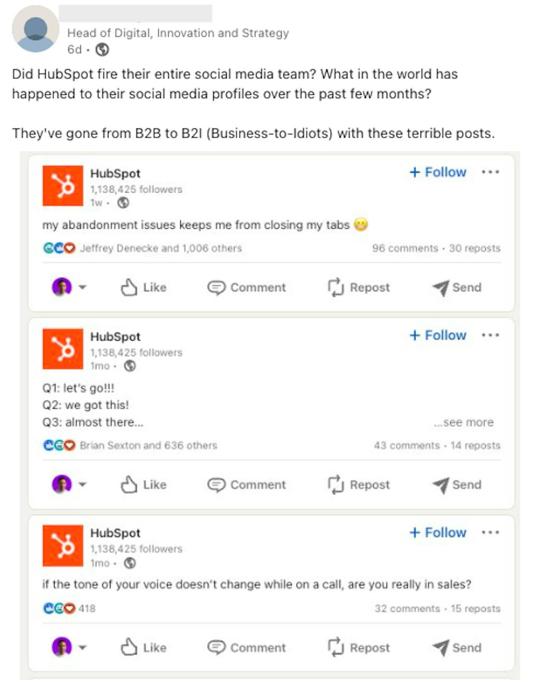 LinkedIn post calling out HubSpot's LinkedIn posts