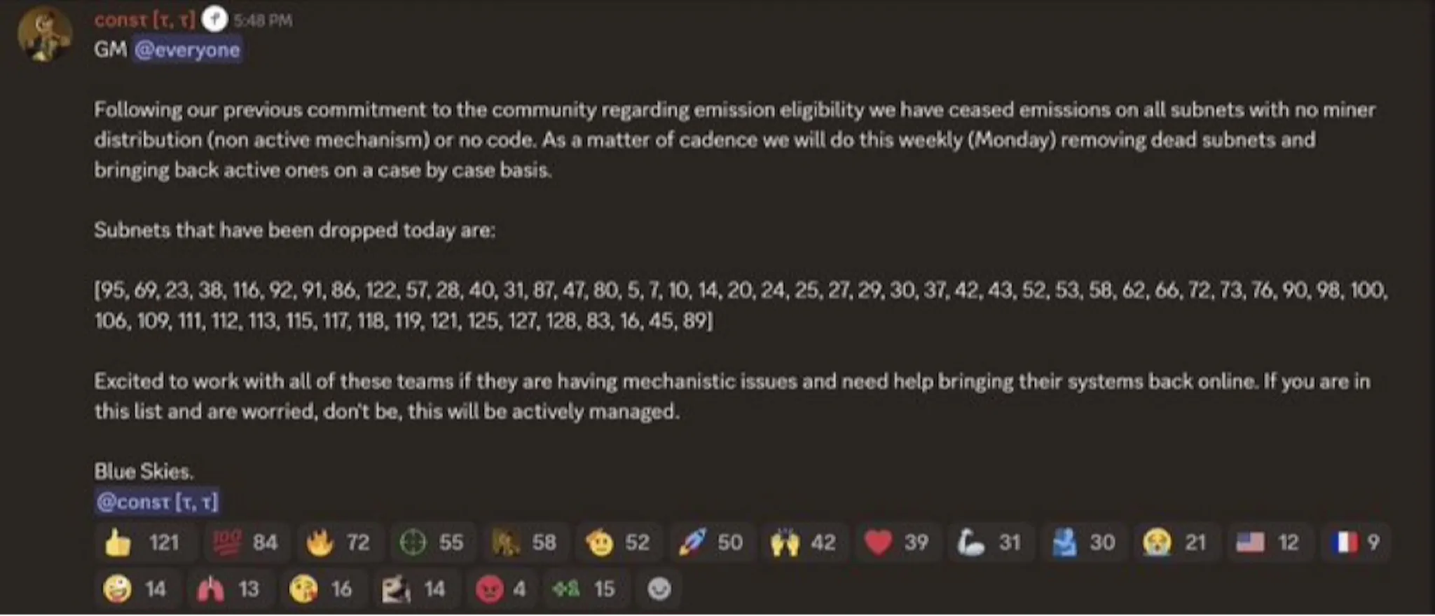 Const's message on discord announcing ceased emissions on subnets with no miner distribution