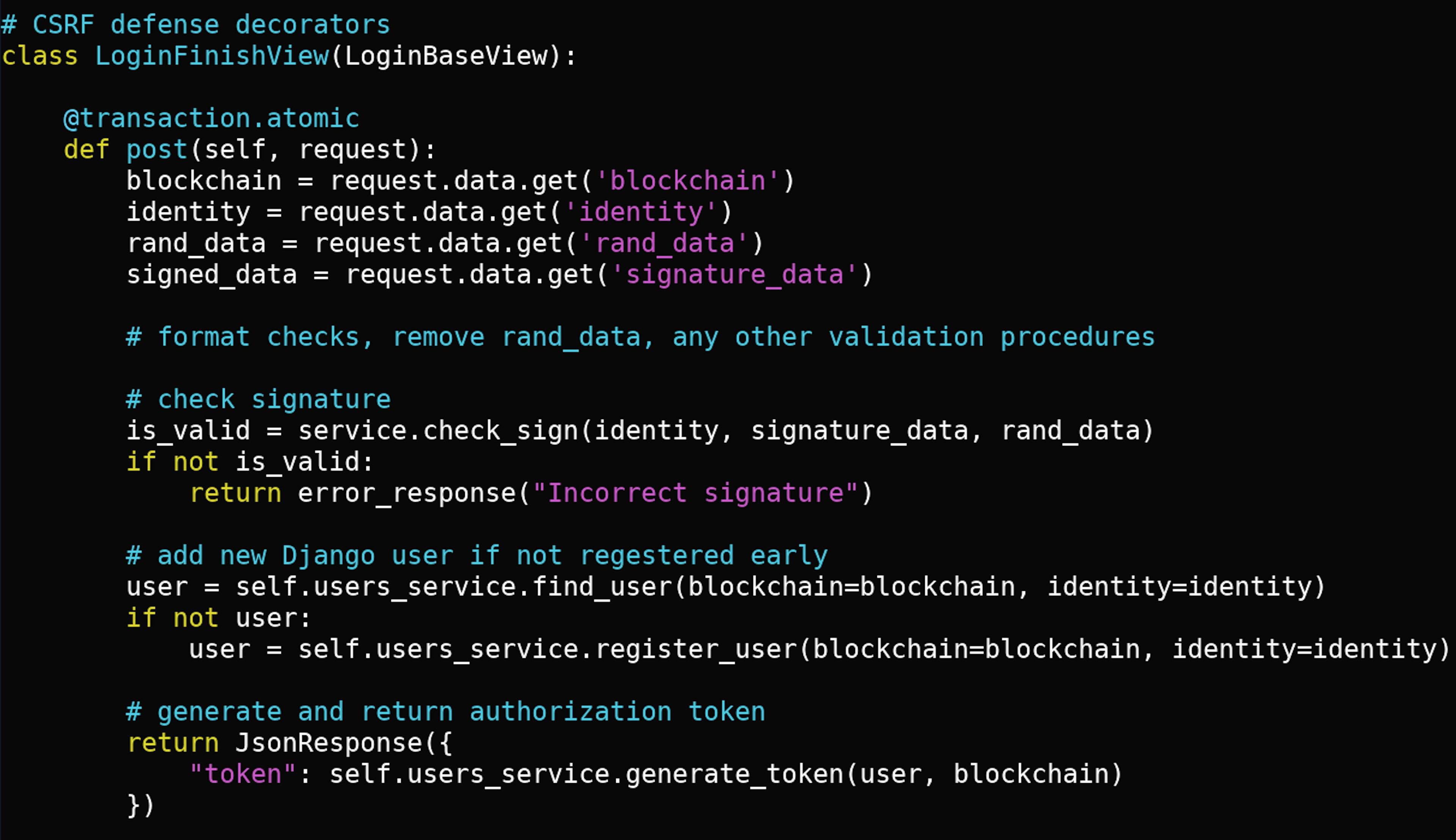 Django view, checking signature and issuing JWT token