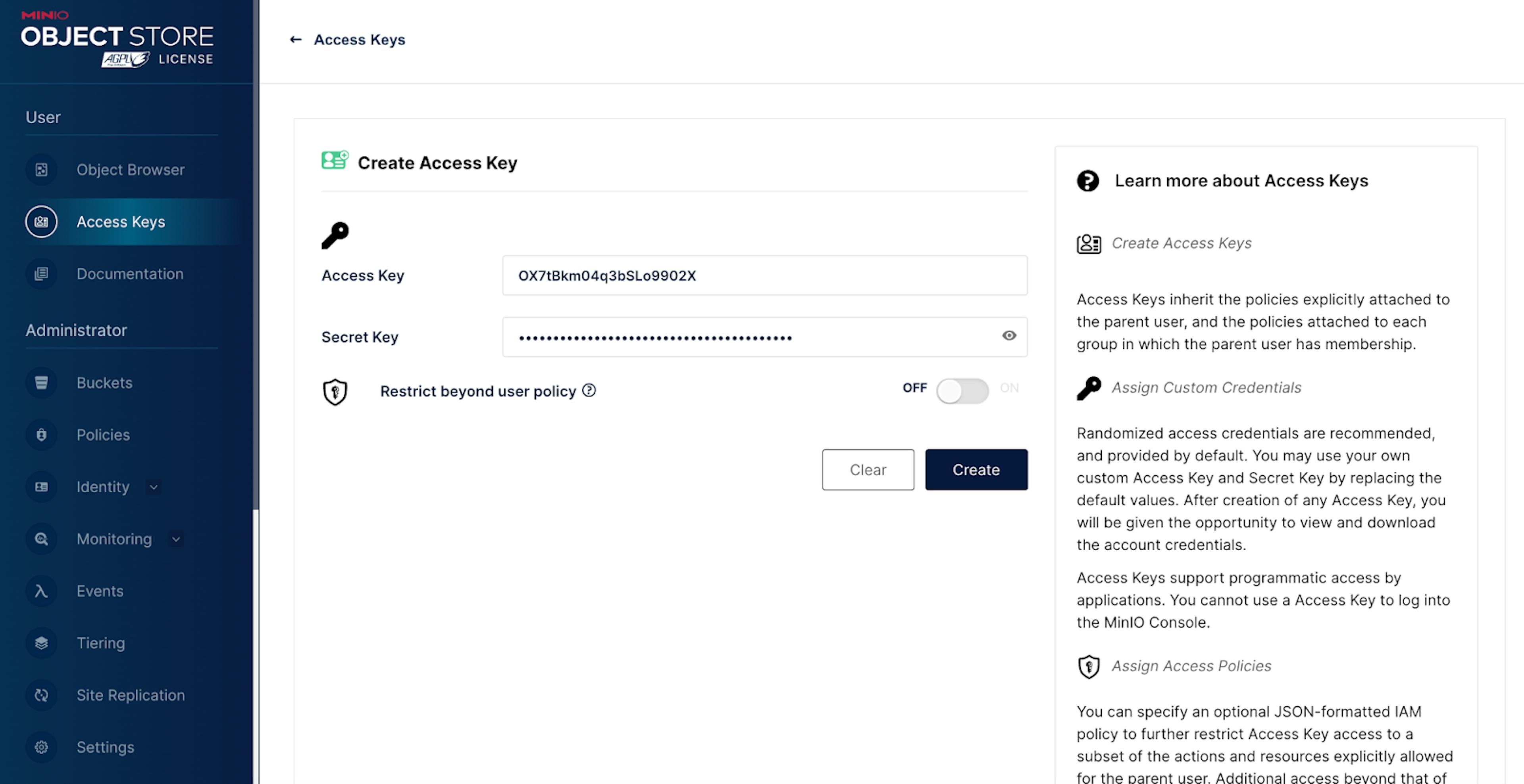 Create Access Key page