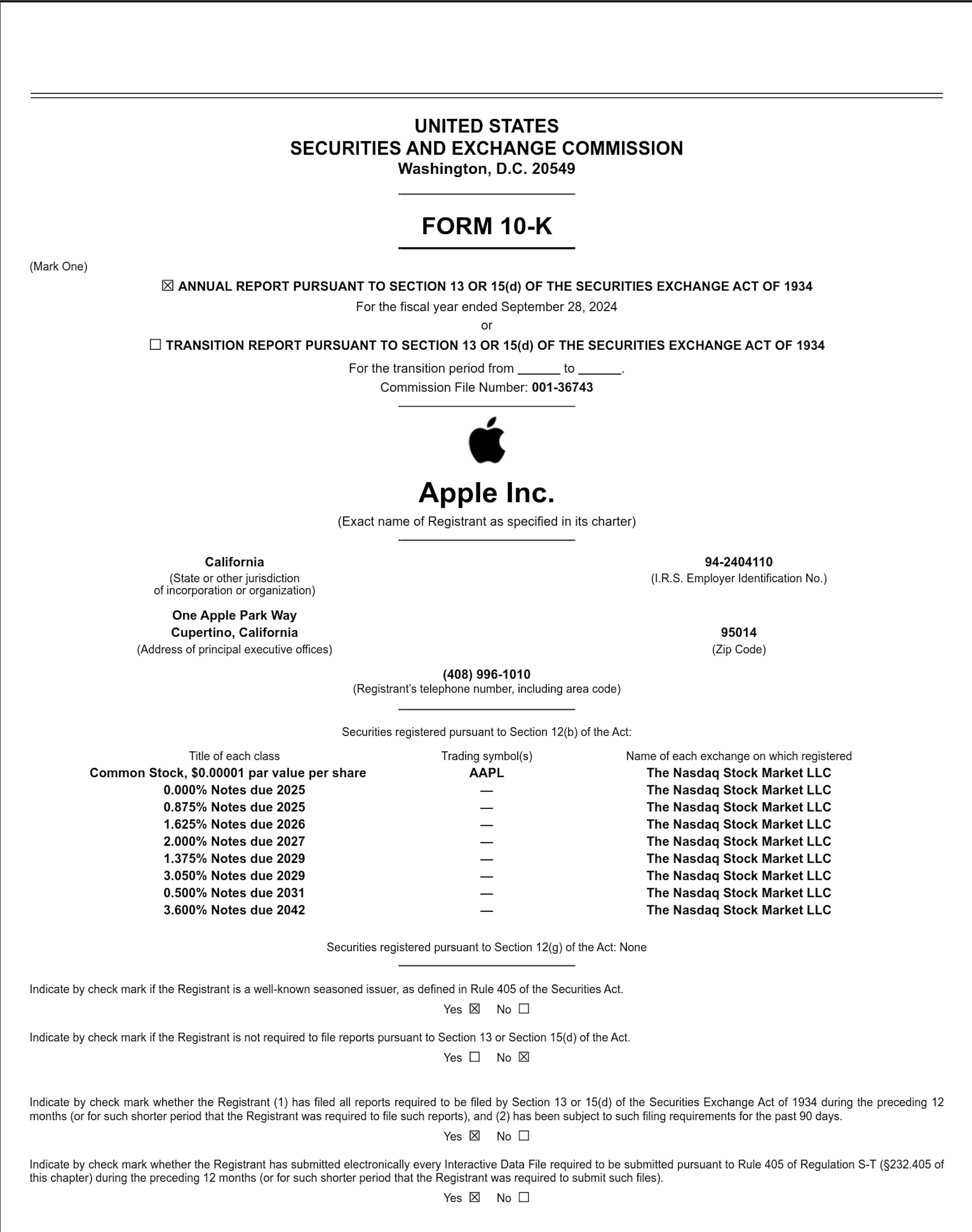 Página 1 de 121 del Informe Anual de Apple 2024 (10-K)
