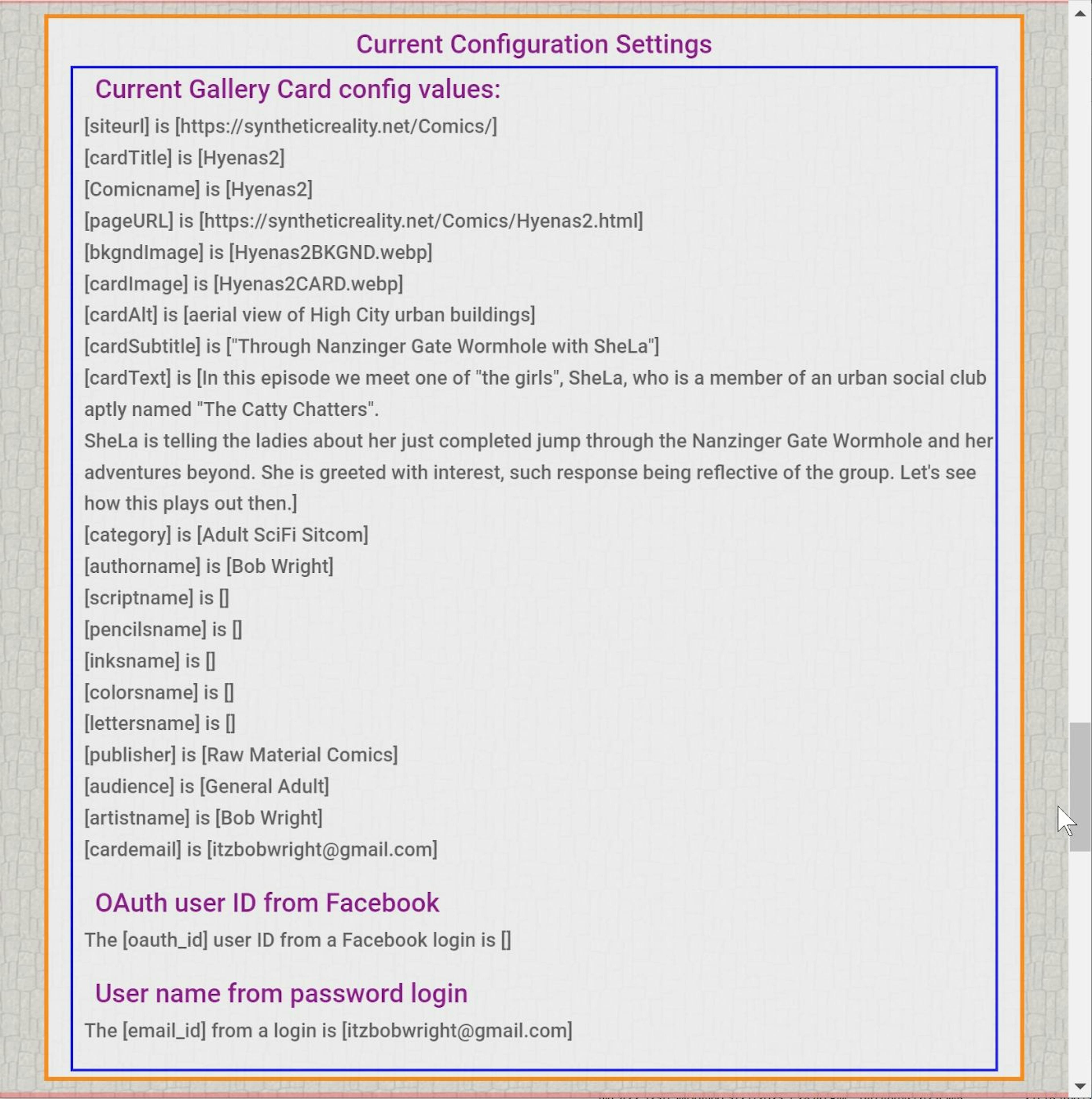 Comic configuration data