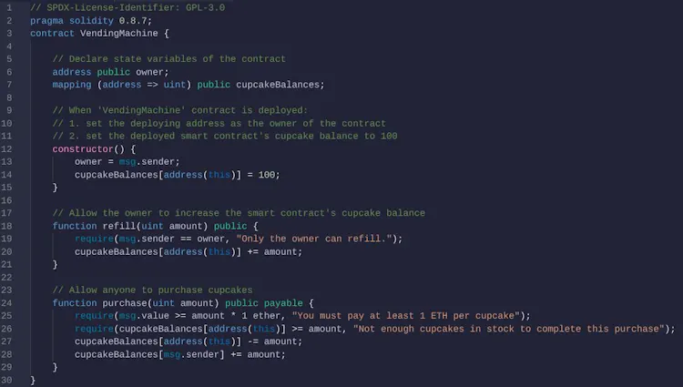 Solidity Smart Contract Code Now, paste the Vending Machine smart contract code into that file along ...