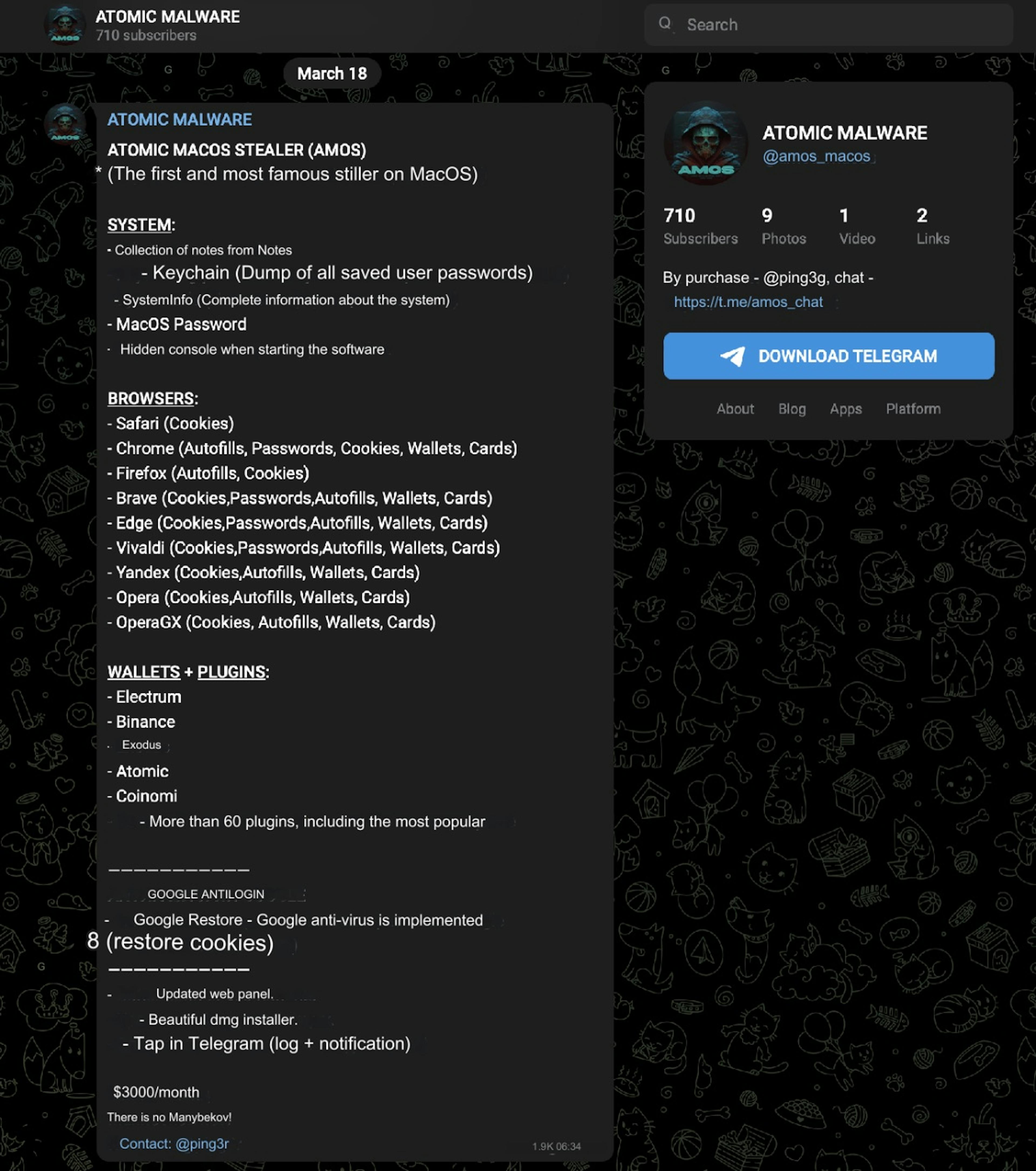 Figure 2. Screenshot from the AMOS Telegram channel where stealer is being sold for $3,000 (Translated from Russian)
