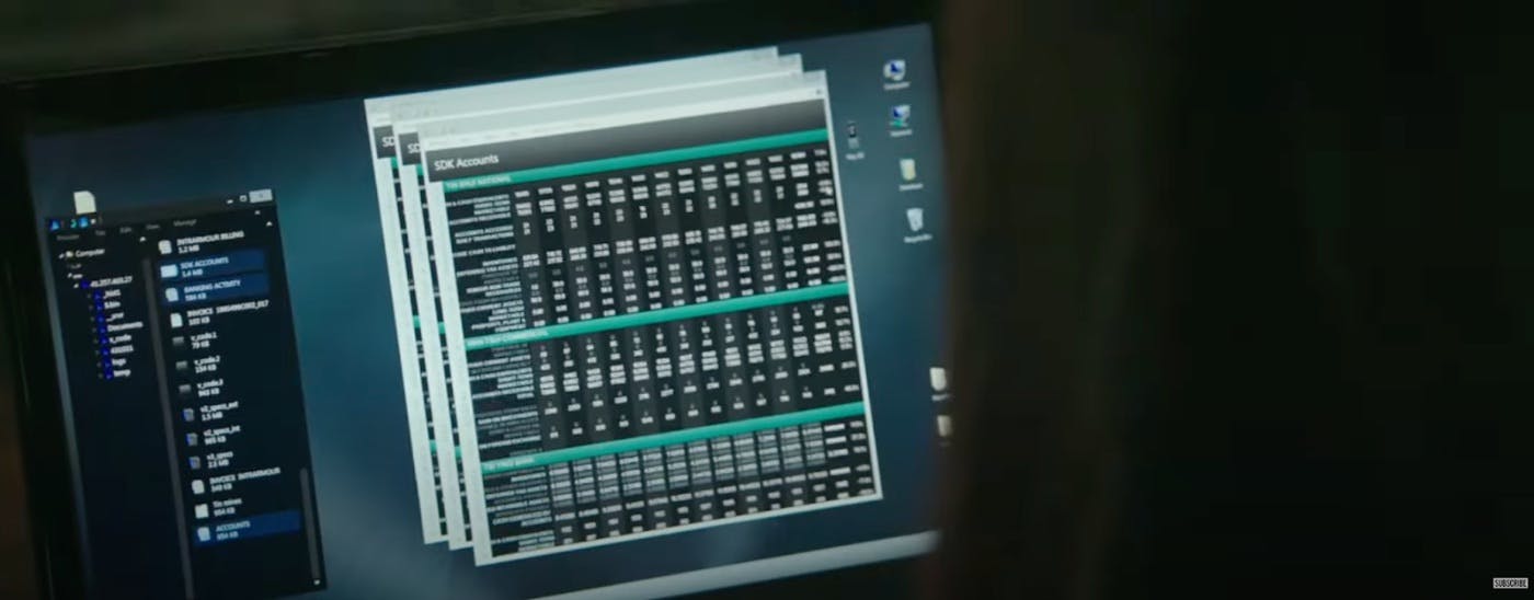 Scene depicting a computer screen displaying financial data and folders indicating unauthorized access. Blackhat (2015). Universal Pictures. Image source: YouTube – Rotten Tomatoes Classic Trailers.