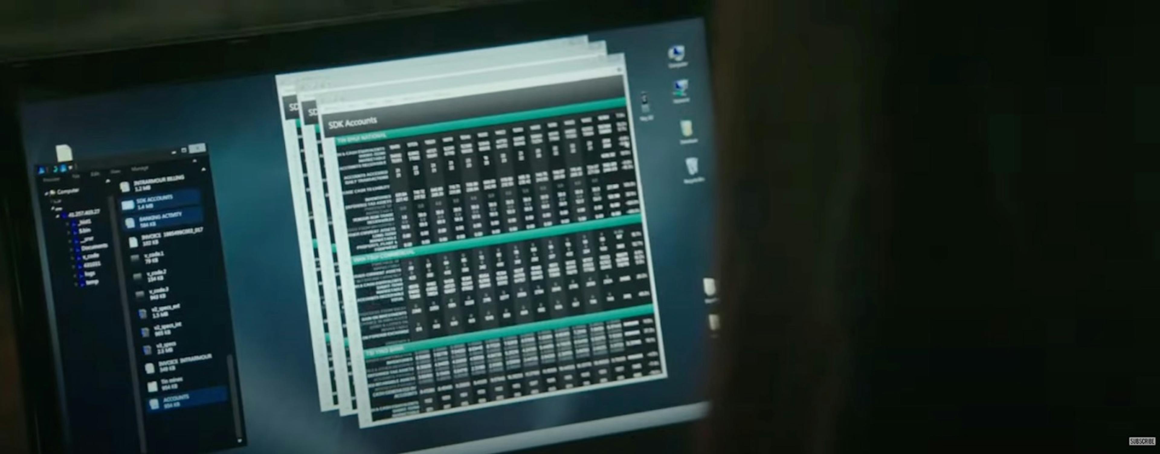 Scene depicting a computer screen displaying financial data and folders indicating unauthorized access. Blackhat (2015). Universal Pictures. Image source: YouTube – Rotten Tomatoes Classic Trailers.