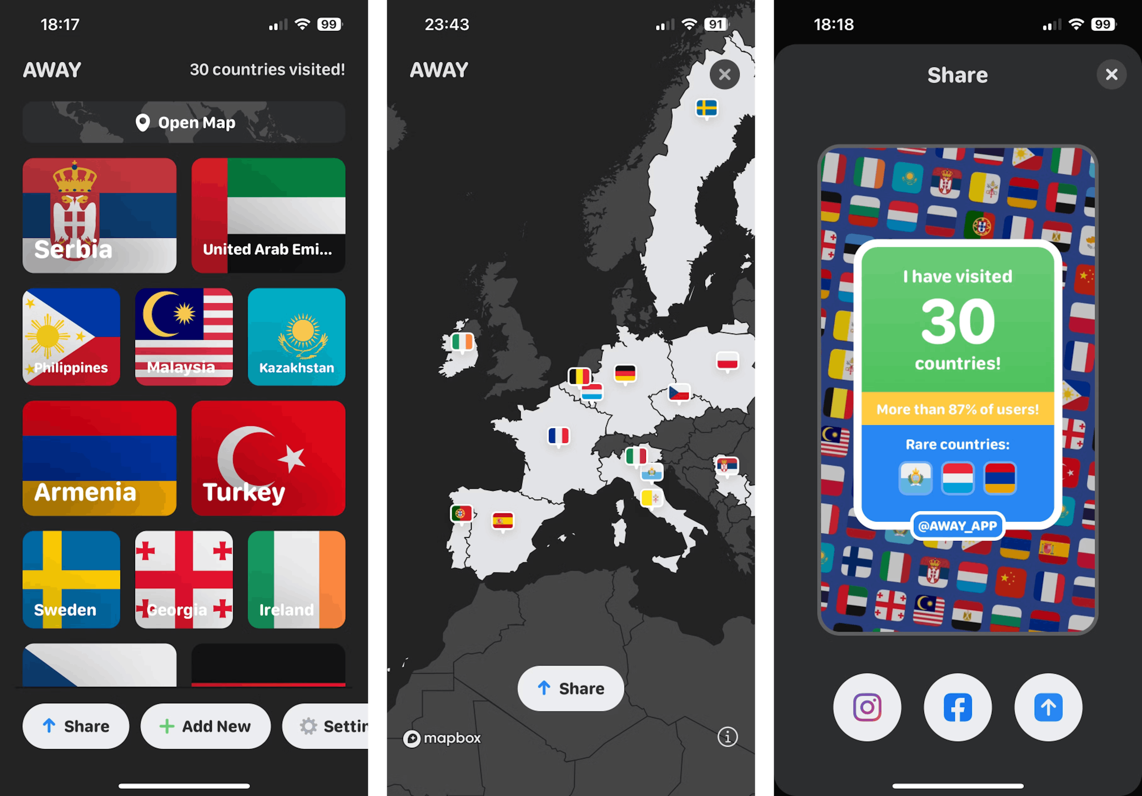App screens: countries list, map, sharing