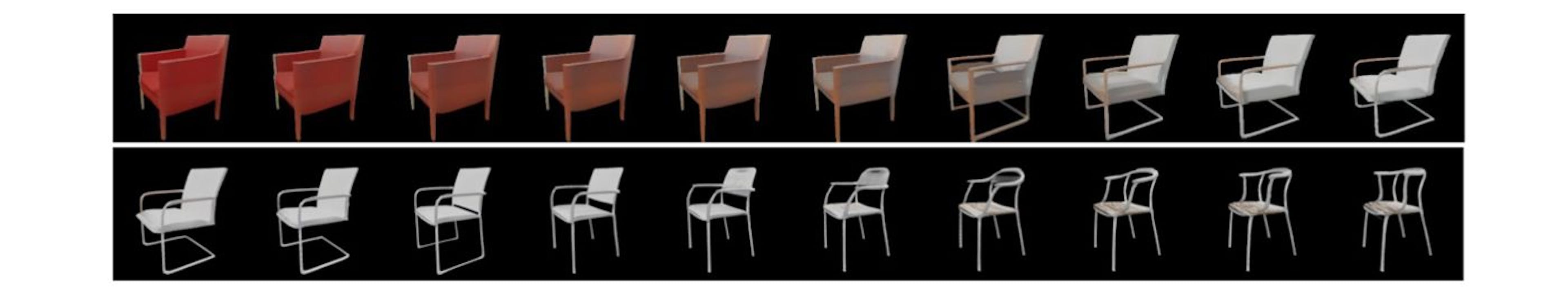 Figure 7: Resulting chairs of the linear interpolation between chair designs in the latent space.