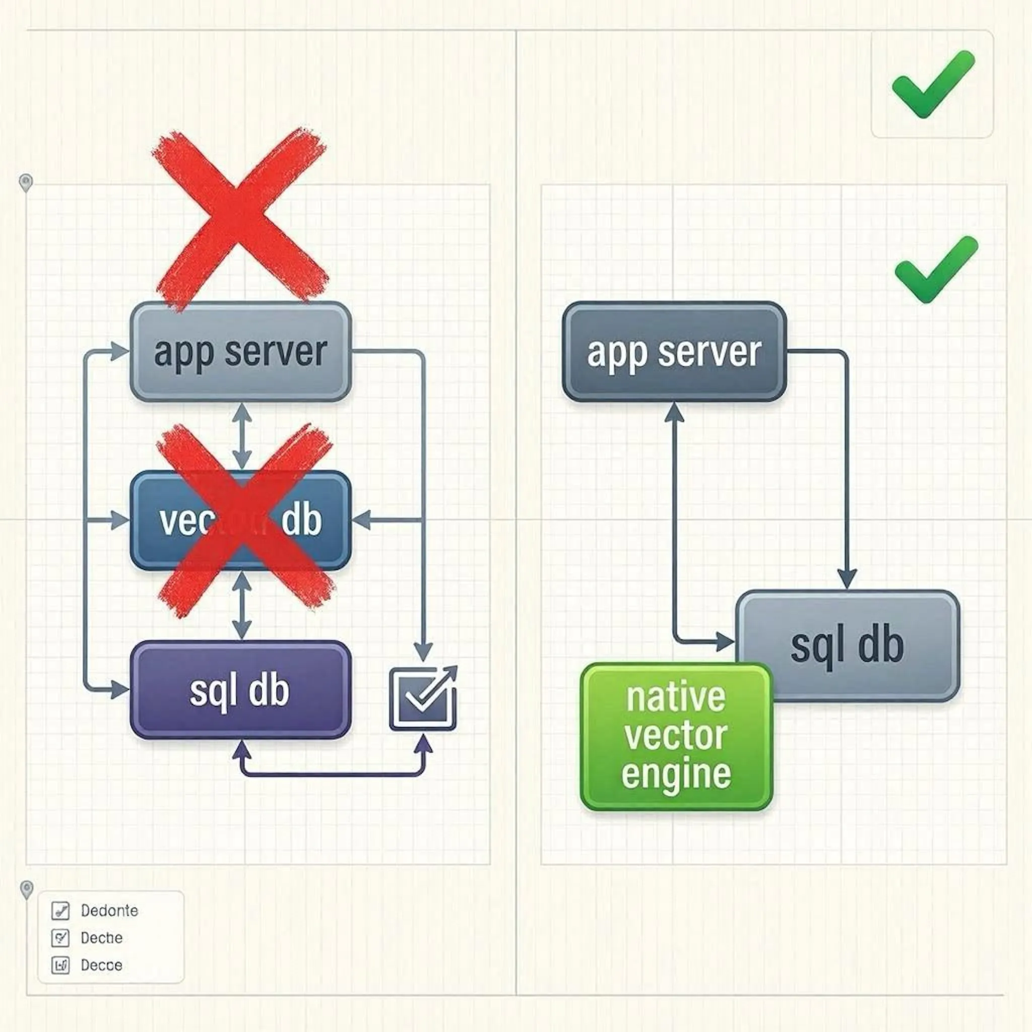 Architecture comparison showing elimination of external vector database in favor of native SQL vector support.