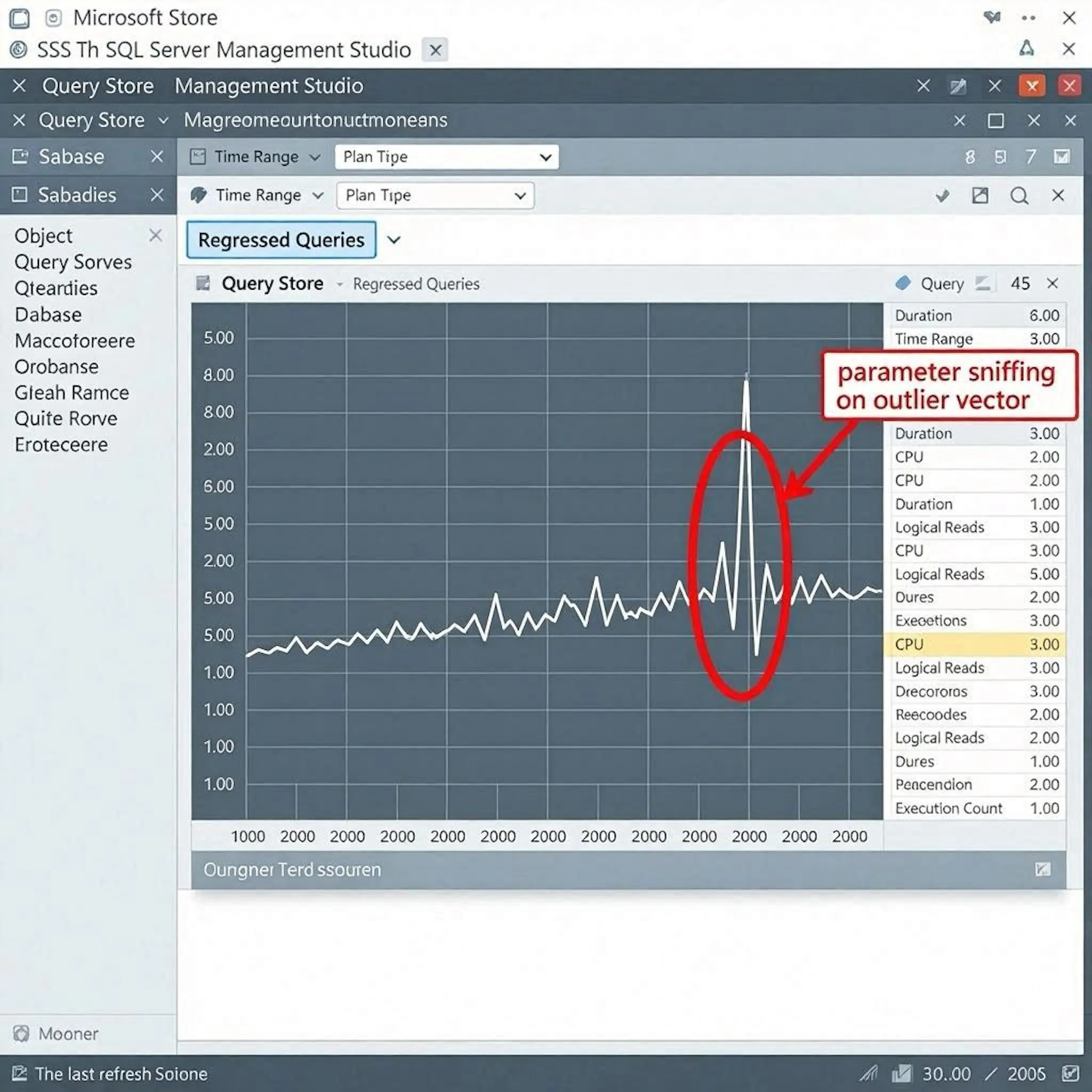 Query Store dashboard highlighting a regressed query spike caused by vector parameter sniffing