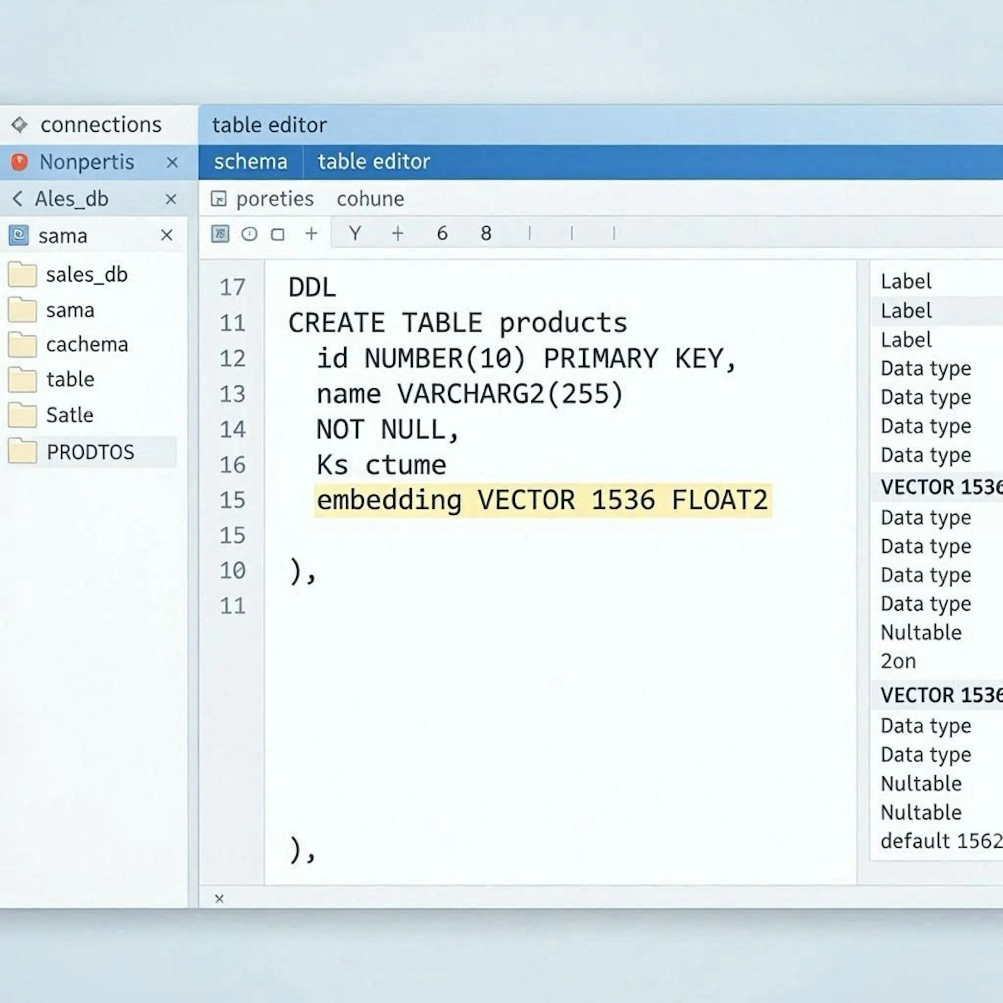 Oracle table definition showing native VECTOR data type.